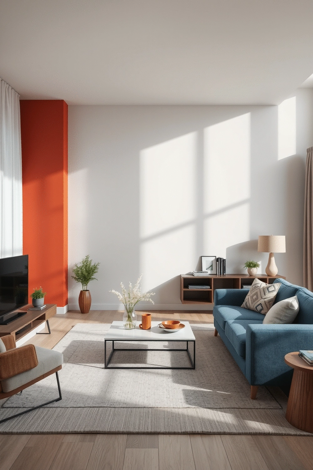 Modern living room interior with a bold colored accent wall, complementary furniture, and decorative objects.
