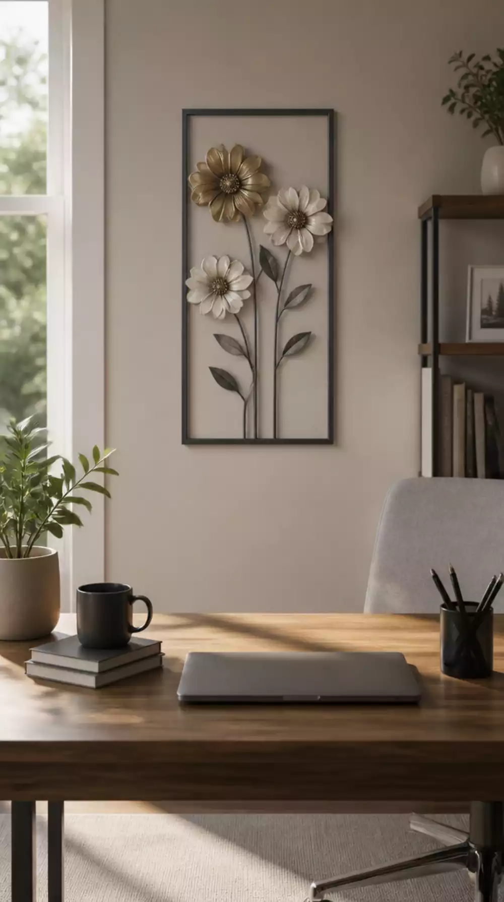 Office Single Framed Abstract Print in Soft Greige Behind the Desk