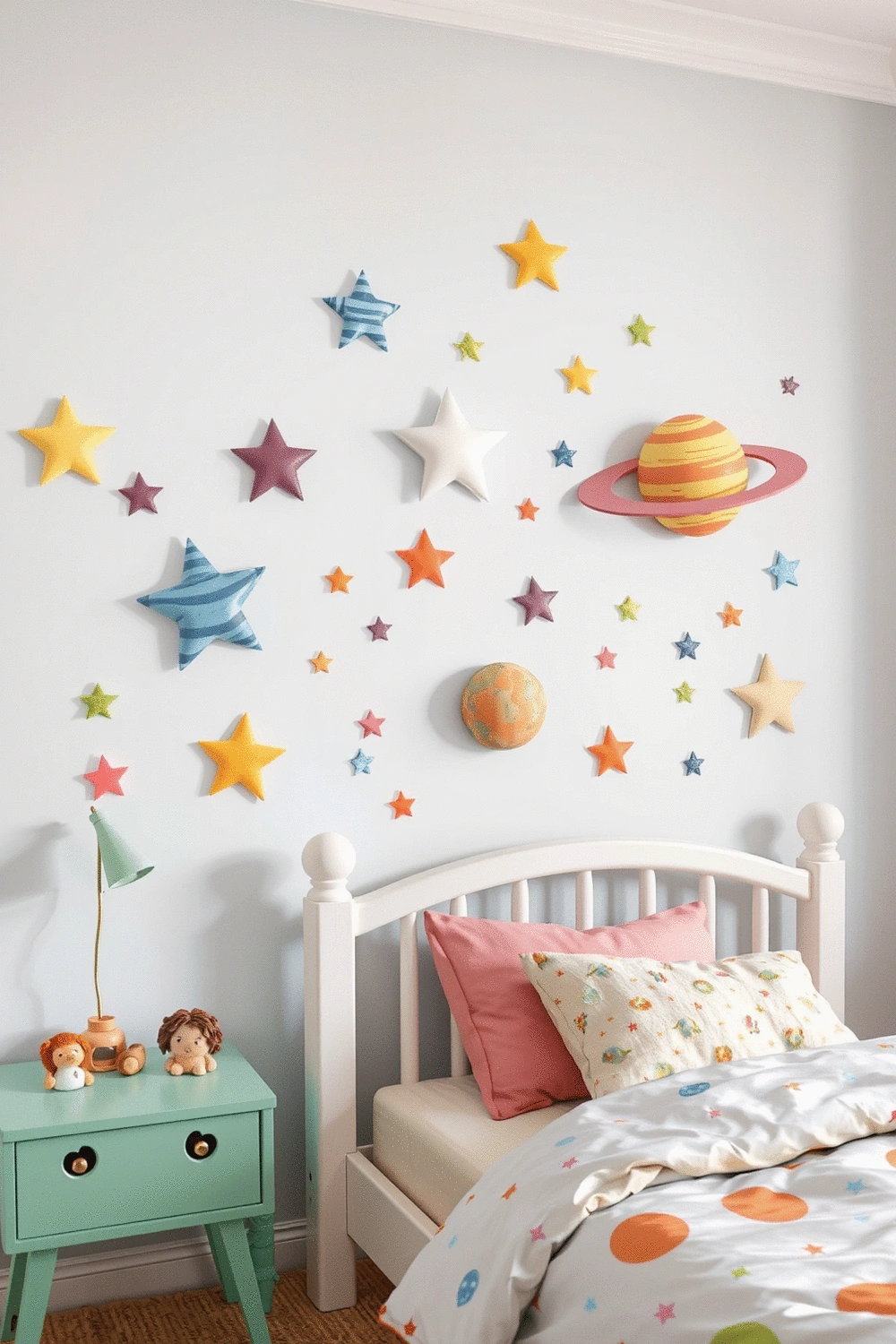 Colorful wall decals shaped like stars and planets on a child's bedroom wall, illustrating easy decoration.