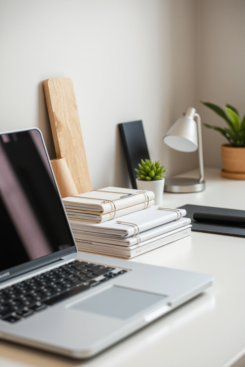 An organized home office desk with a laptop, notebooks, and a minimalist plant, highlighting a harmonious color scheme and good lighting.