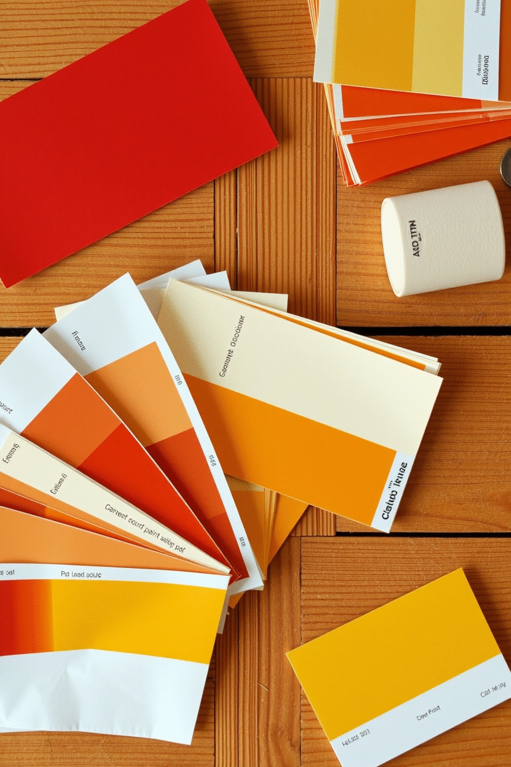 Warm colored paint swatches and color chips arranged neatly on a wooden table, showcasing red, orange, and yellow hues.