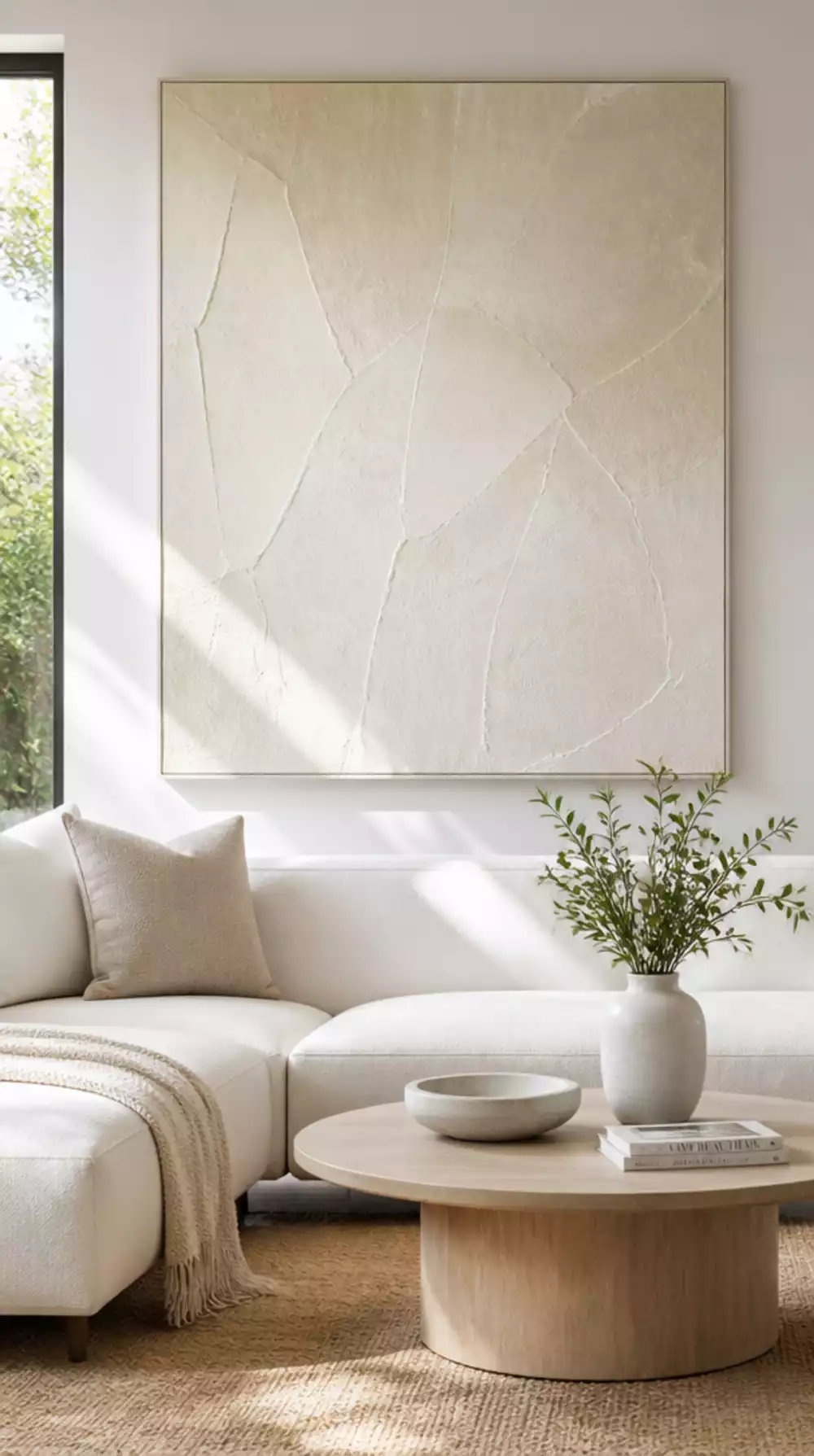 Living Room White Plaster Wall Art Panel with a Limewash Finish