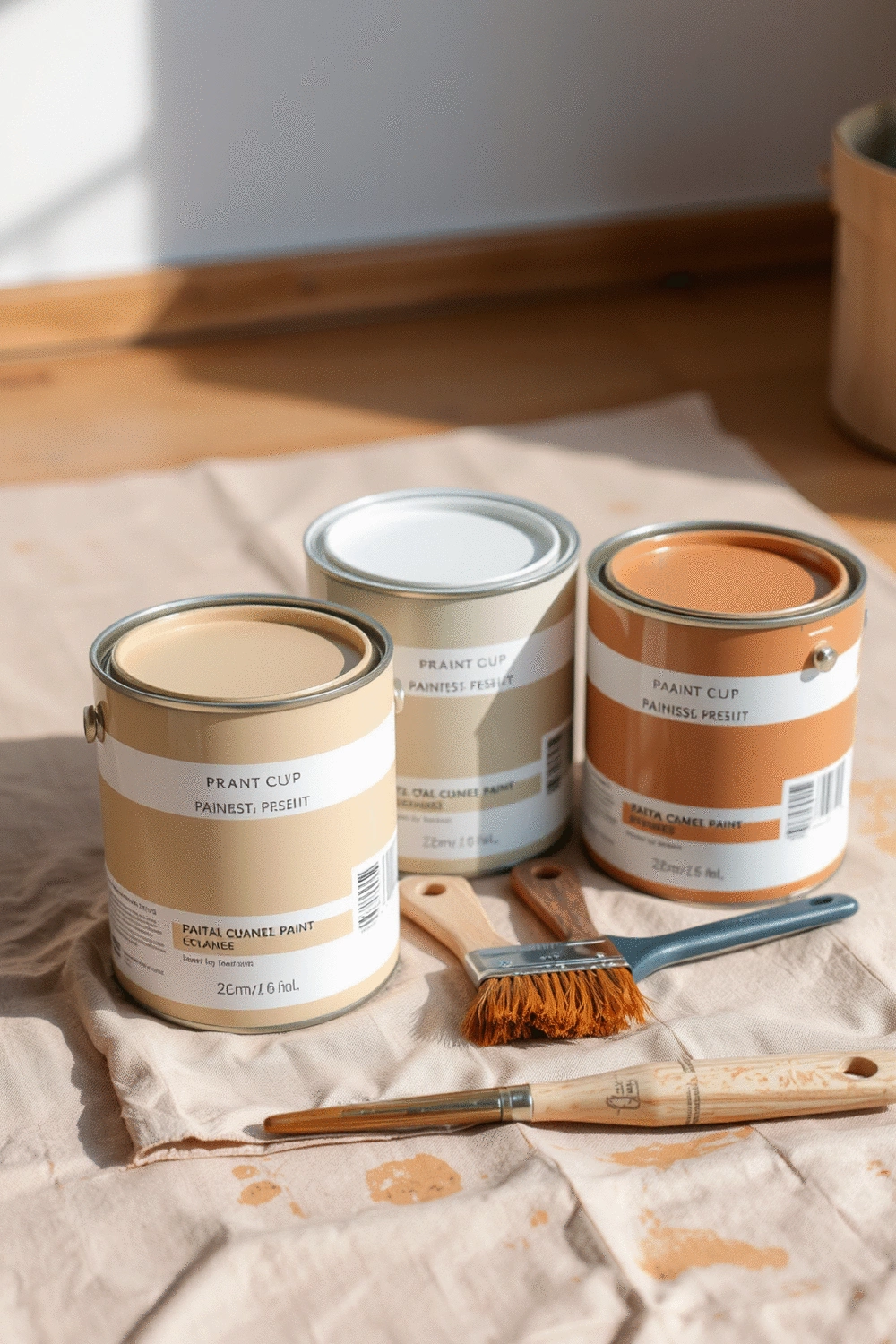 Three paint cans in warm, neutral colors (beige, terracotta, caramel brown) on a painter's drop cloth with brushes