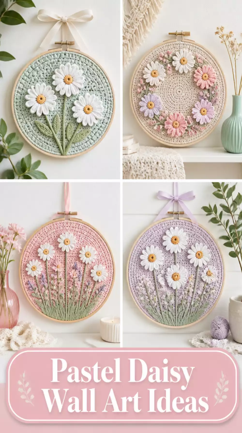 Pastel Crochet Daisy Hoop Wall Art for a Soft Boho Bedroom