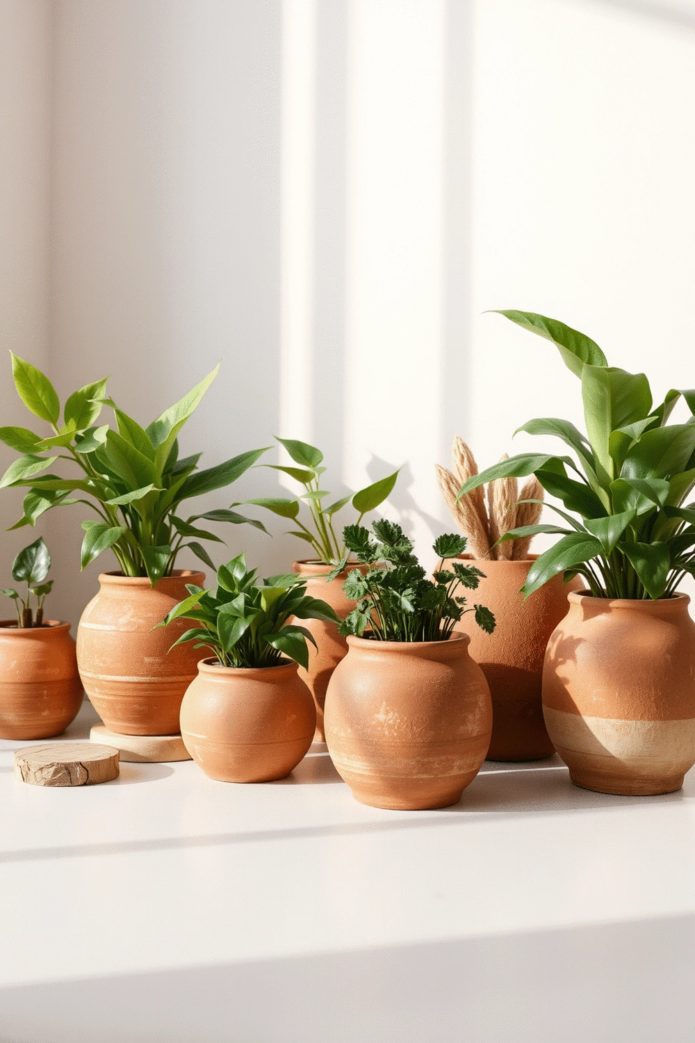 Arrangement of terracotta pots with lush green plants, warm brown ceramic vases, and natural wood elements on a clean background, embodying earthy tones for home decor.