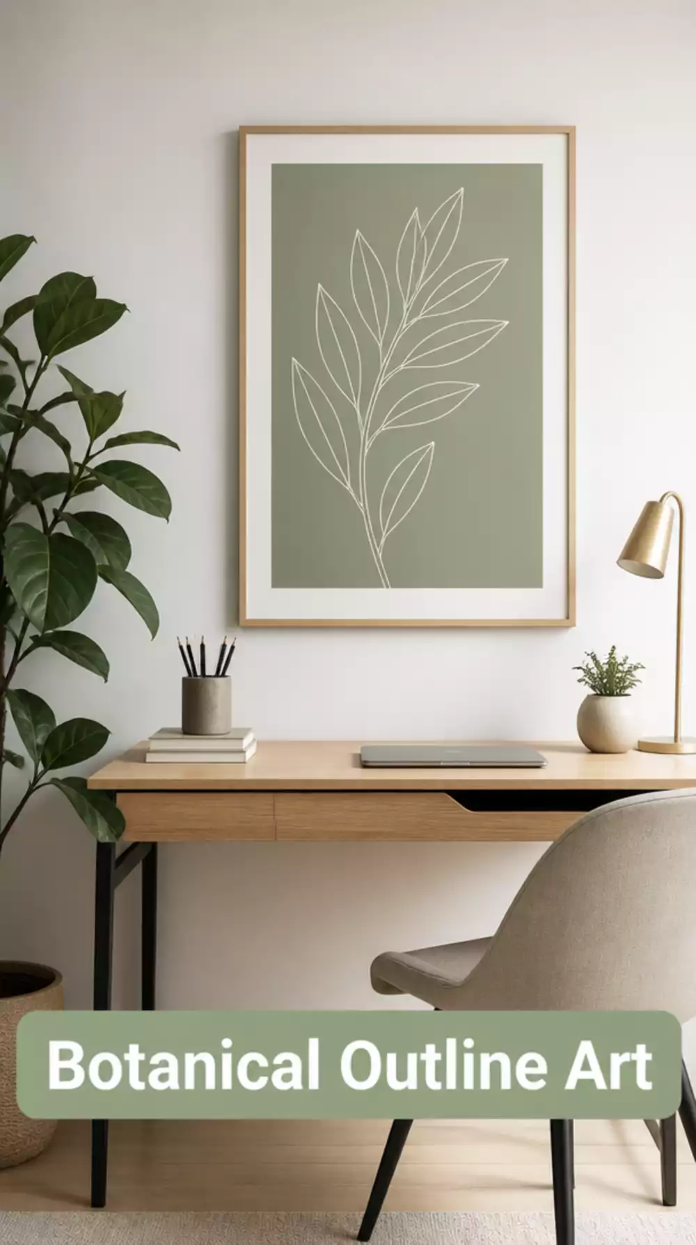 Office Thin-Frame Botanical Outline Print in Muted Sage and White