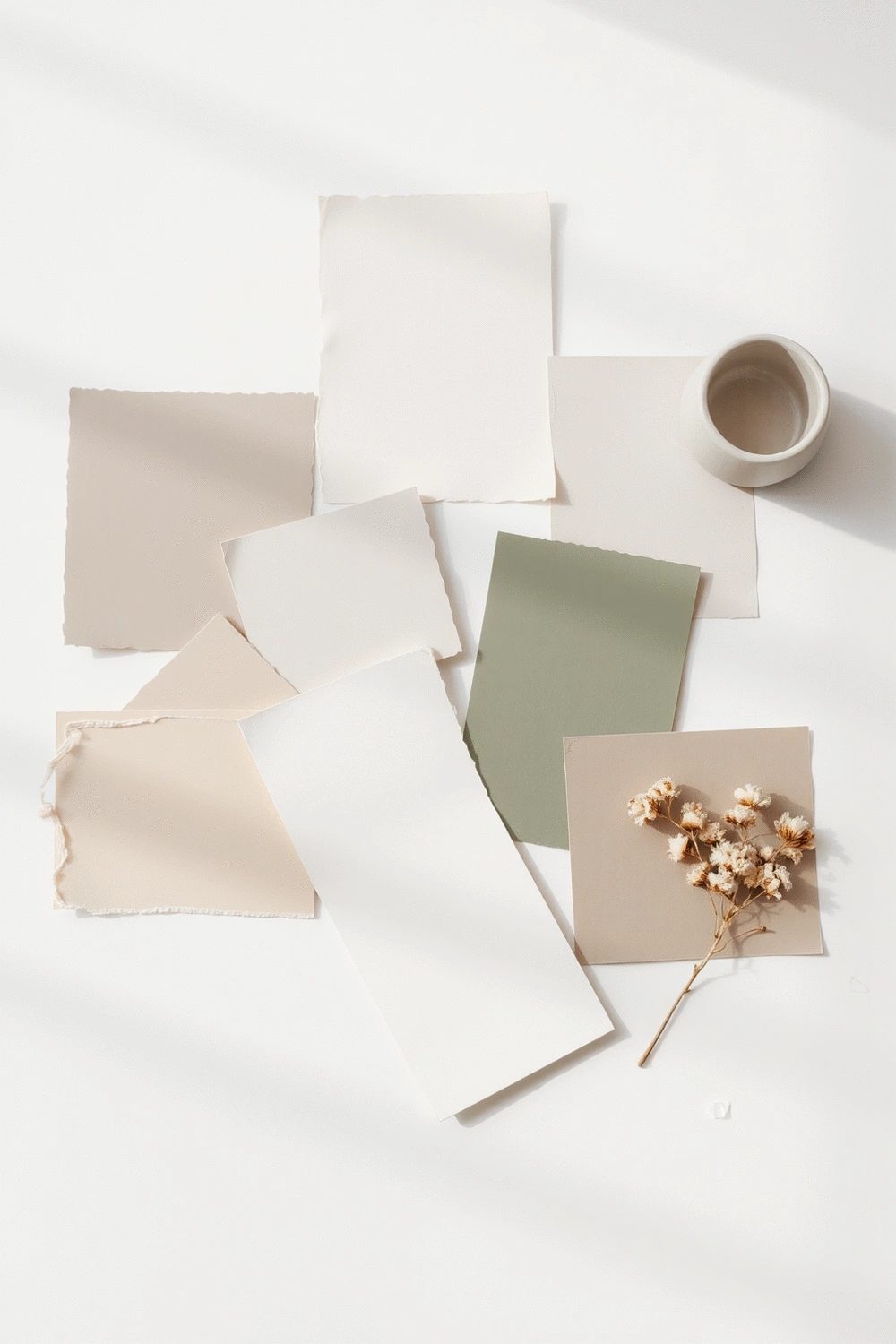 Paint swatches of various neutral colors arranged on a clean white surface