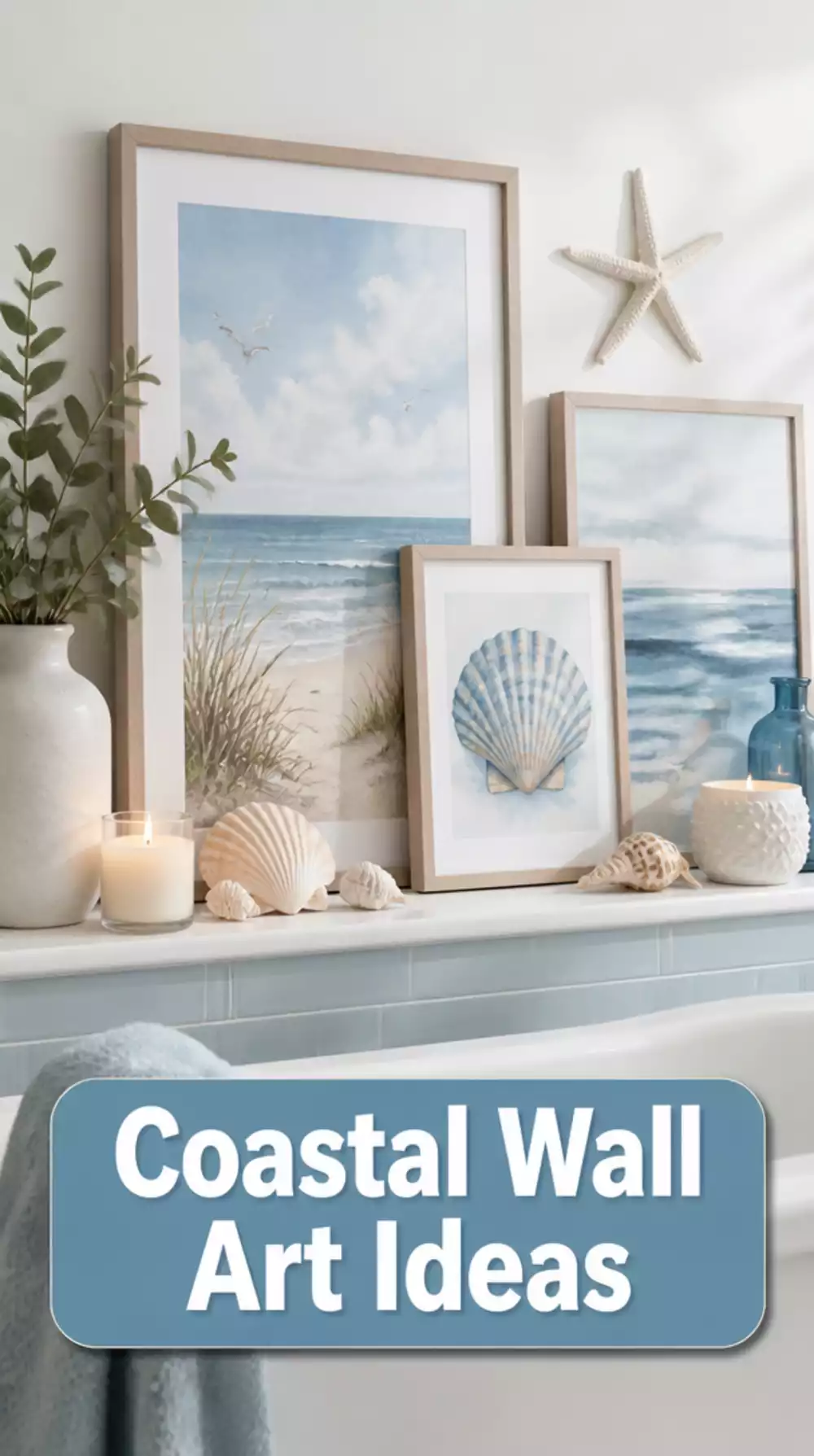 Framed Coastal Textured Wall Art for a Bathroom Shelf Ledge