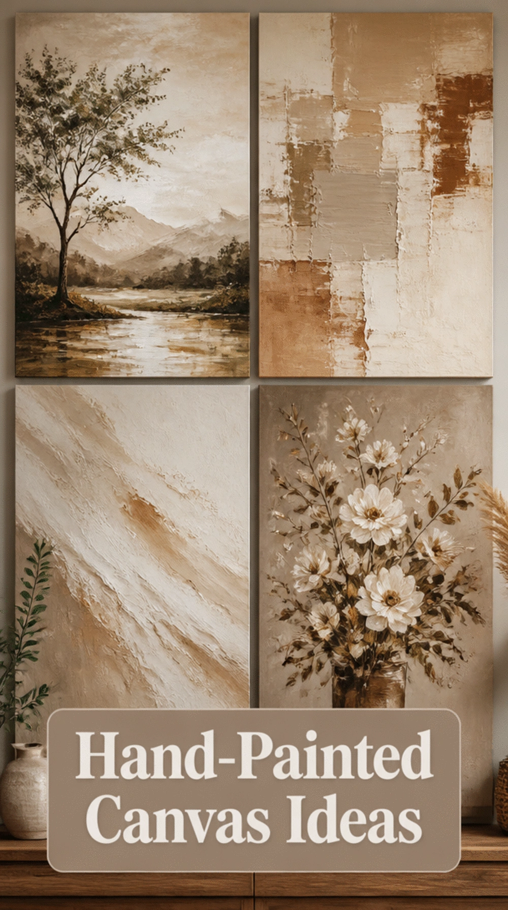 Living Room Oversized Hand-Painted Canvas in Warm Neutral Earth Tones