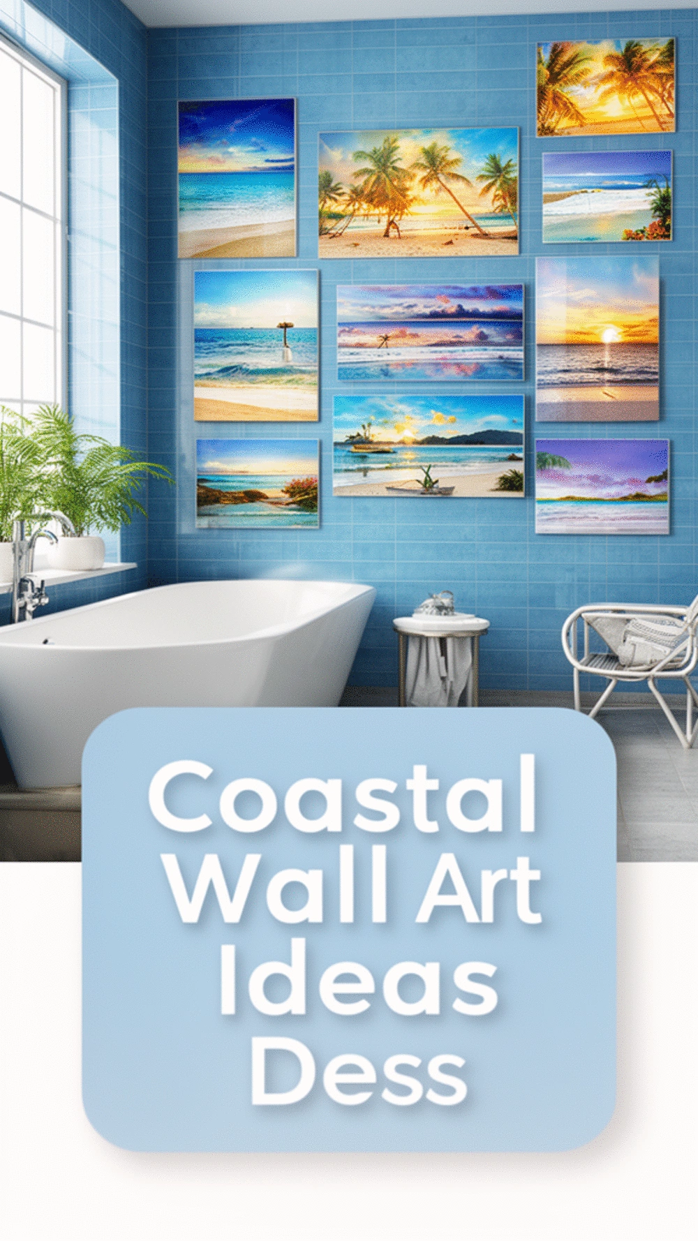 Coastal Framed Photography Print in a Bathroom with Blue Tile Walls