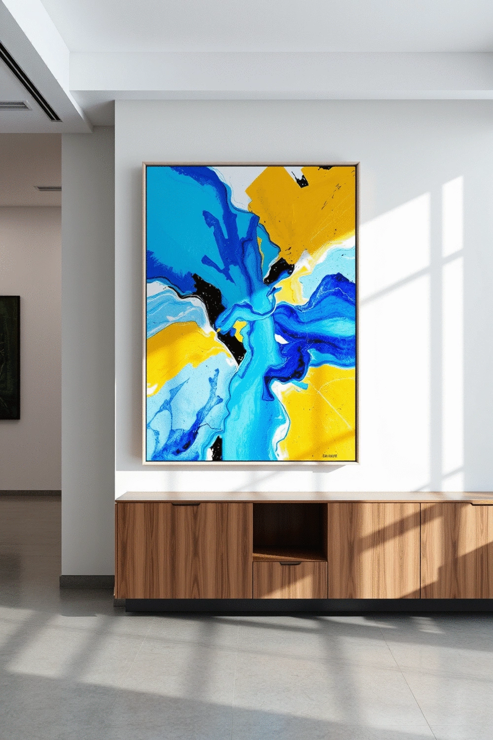 Abstract art in electric blue and neon colors on a gallery wall, modern interior, soft natural light