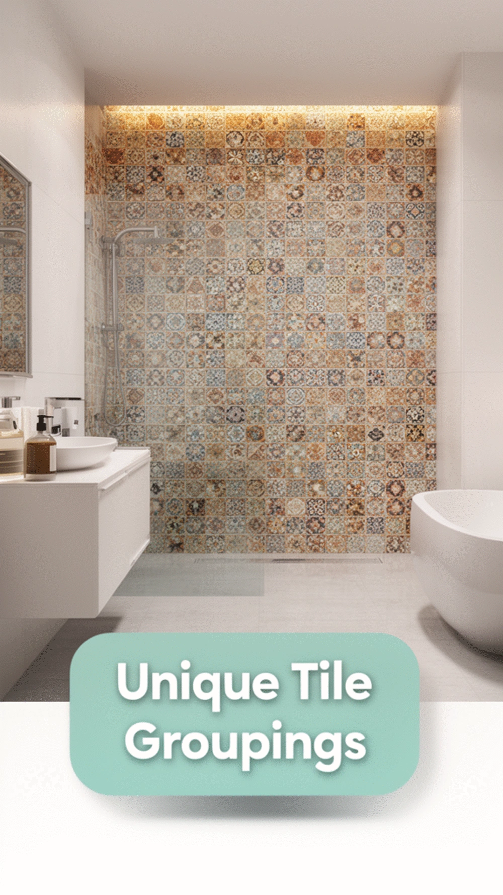 Bathroom Feature Wall with Small Handcrafted Ceramic Tile Groupings