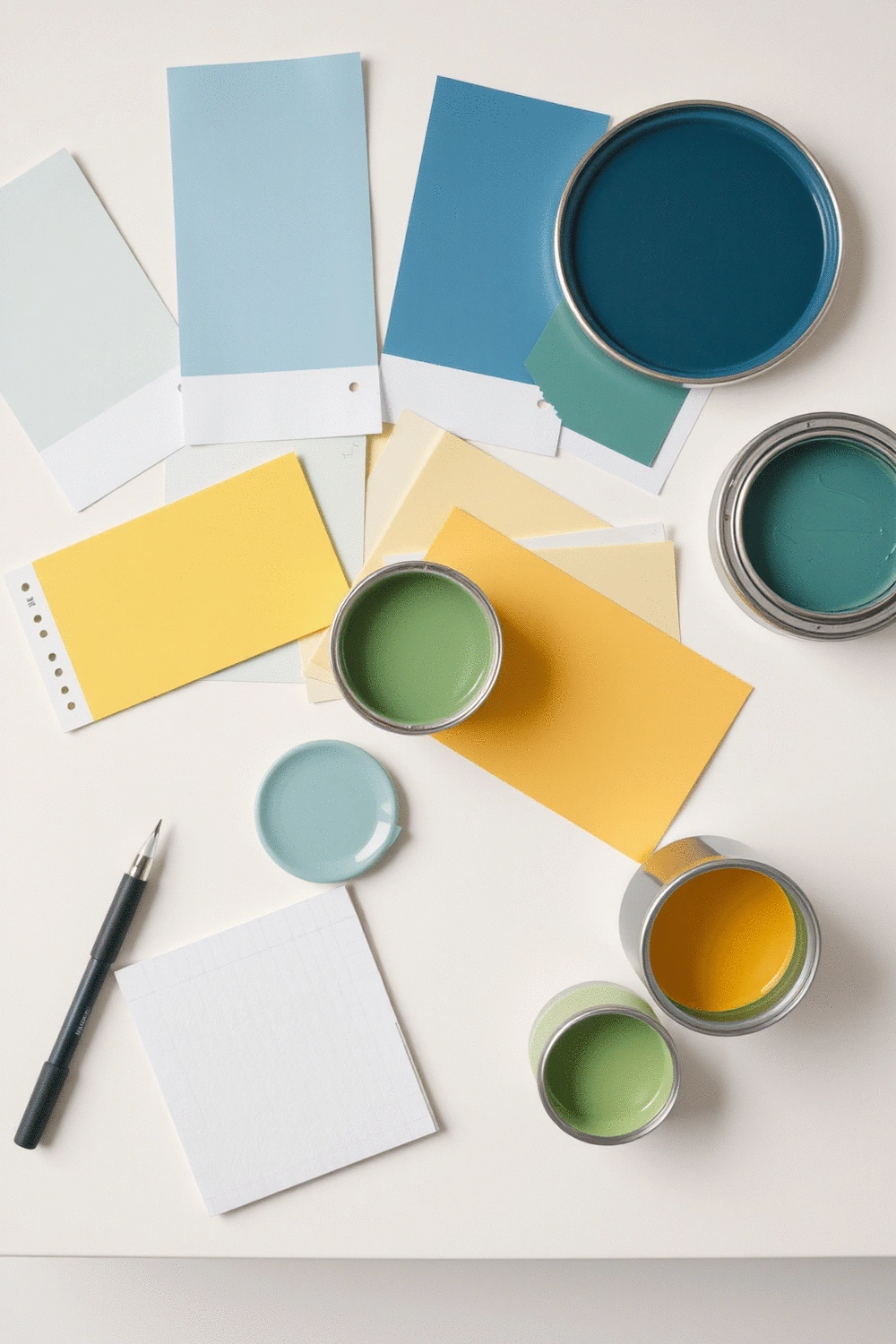 Stylized color palette swatches and paint cans arranged on a desk, illustrating blue, yellow, and green tones, with office supplies in the background.
