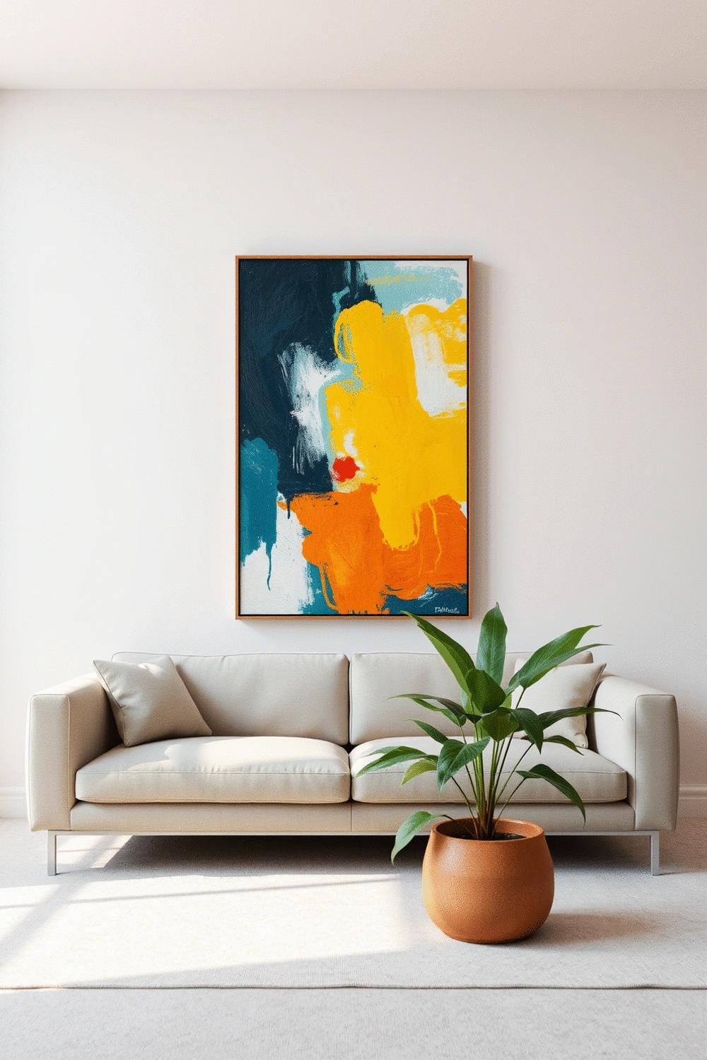 A modern living room with a neutral-colored wall displaying a vibrant abstract painting. A minimalist sofa and a potted plant are visible. No humans, no people, no hands, no body parts.