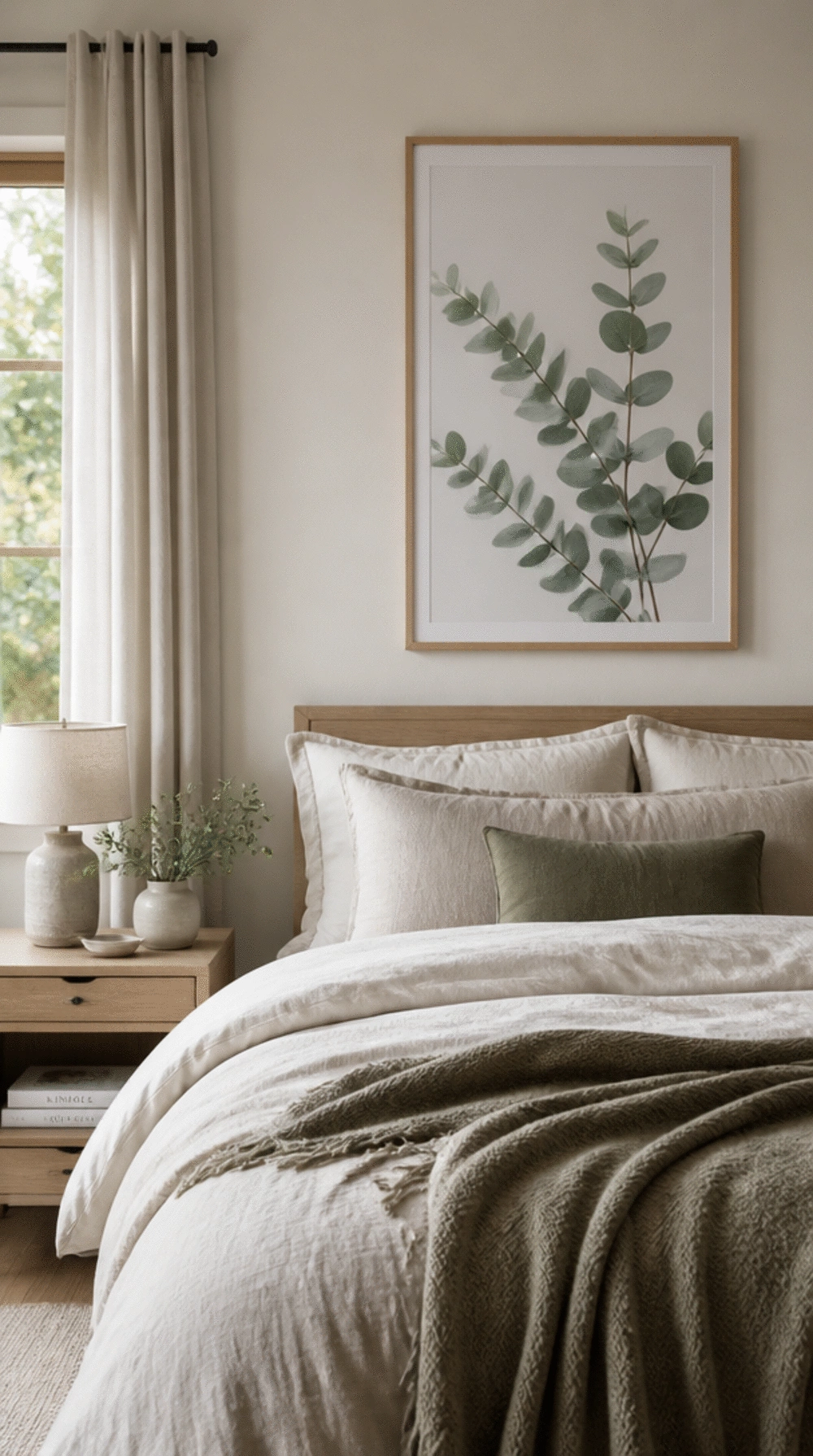 Bedroom Framed Eucalyptus Branch Print in a Slim Natural Wood Frame