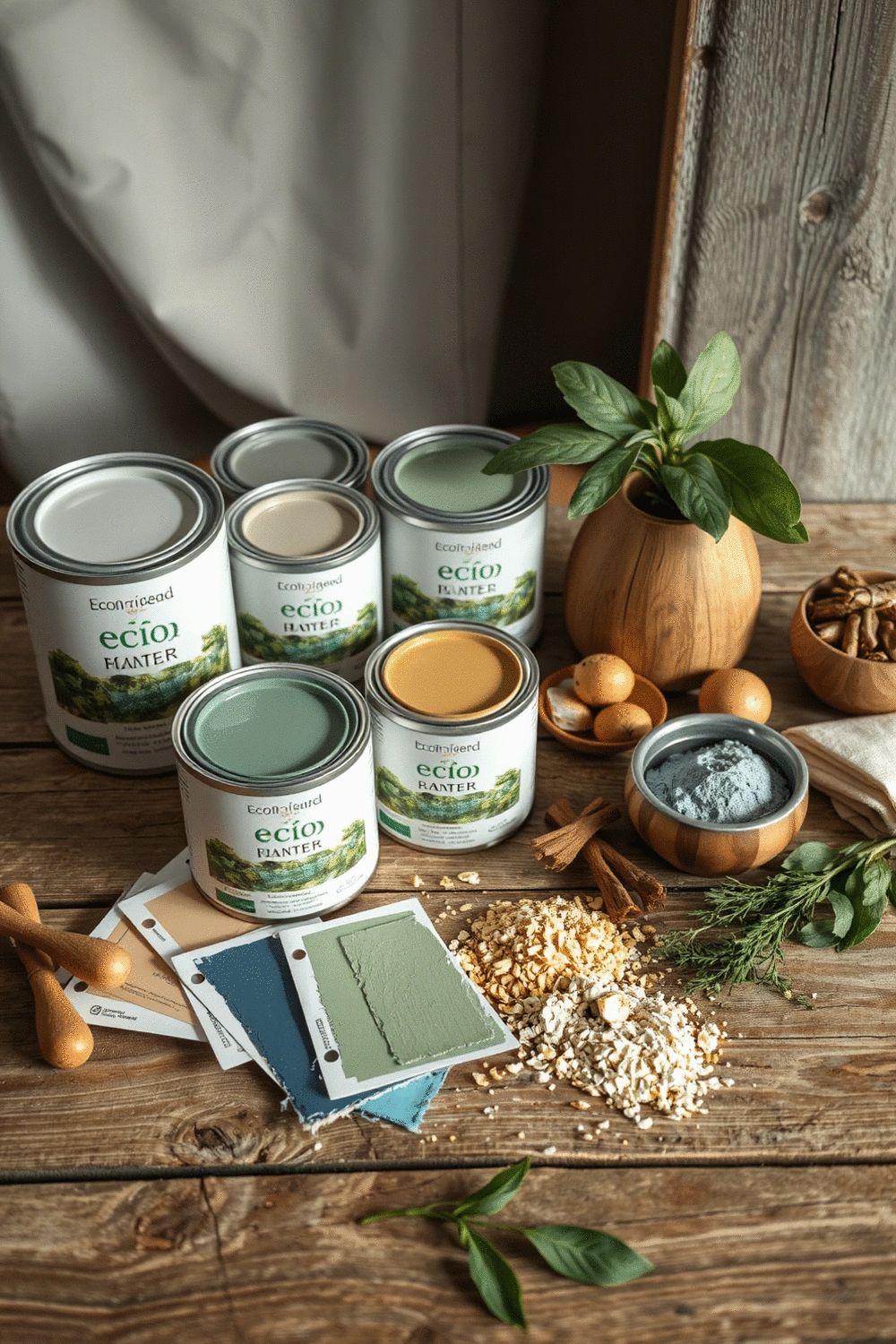 Assortment of eco-friendly paint cans and natural paint swatches on a sustainable wooden surface, with plant-based ingredients displayed nearby.