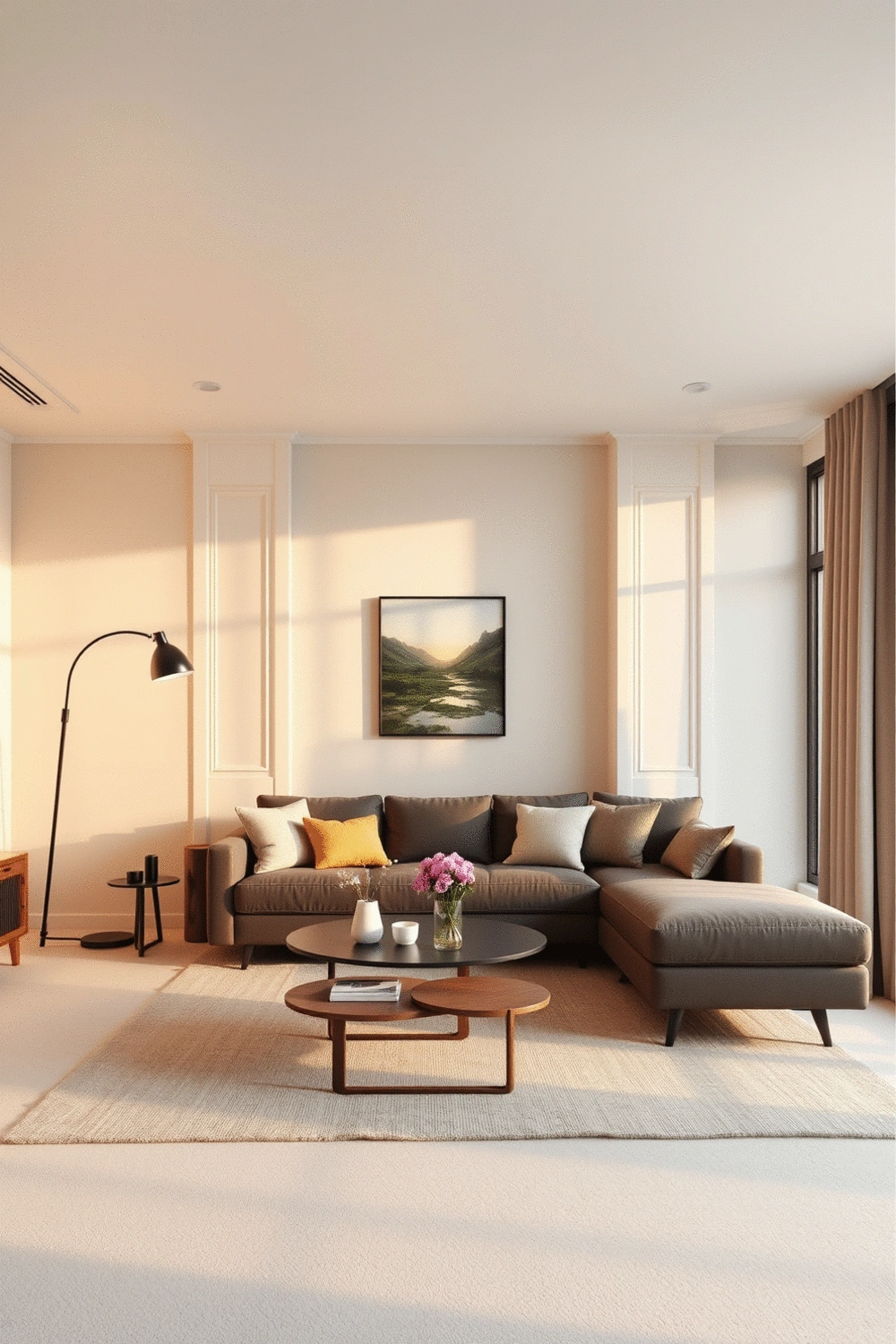 Interior of a modern, minimalist living room with carefully chosen color palette, featuring warm and cool tones, natural light