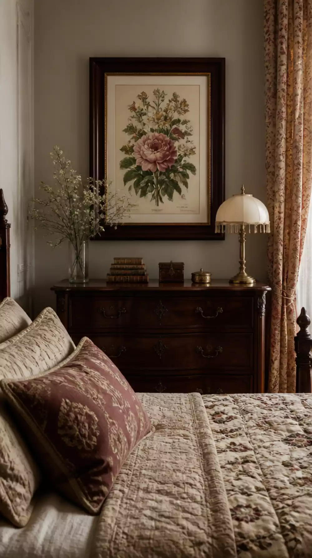 Bedroom Victorian Floral Illustration Print in a Deep Mahogany Frame