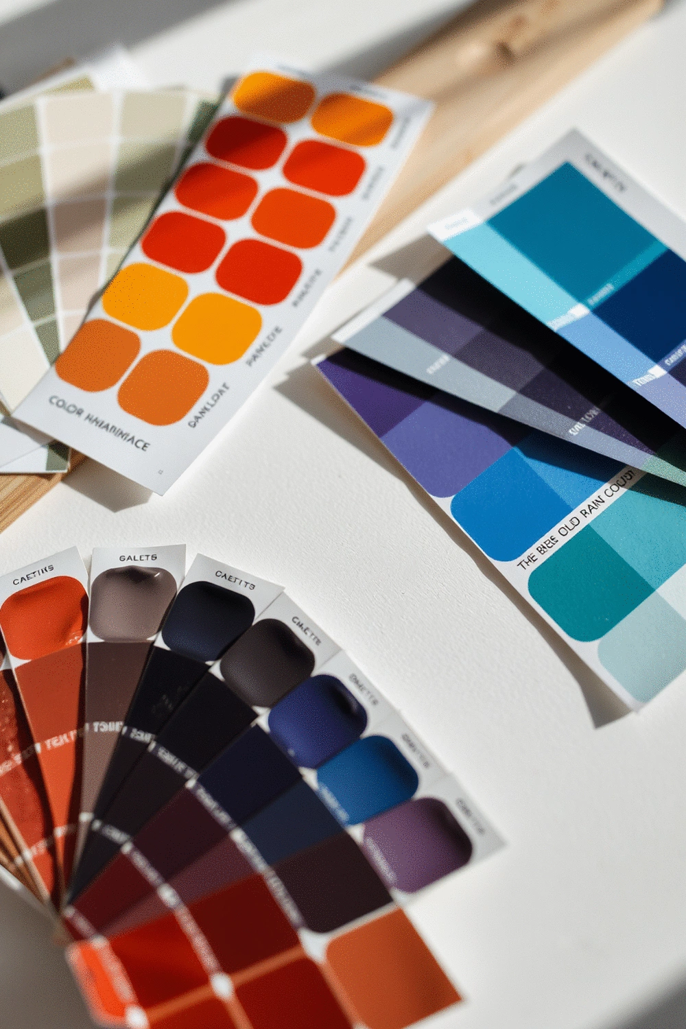 Paint swatches and color wheels on a design table, illustrating color harmony principles