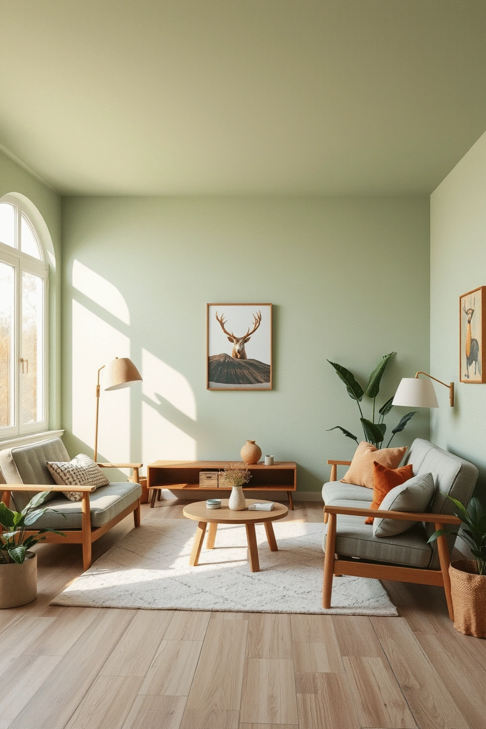 Stylized living room corner with soft green walls, terracotta accents, and natural wood furniture, bathed in gentle sunlight.