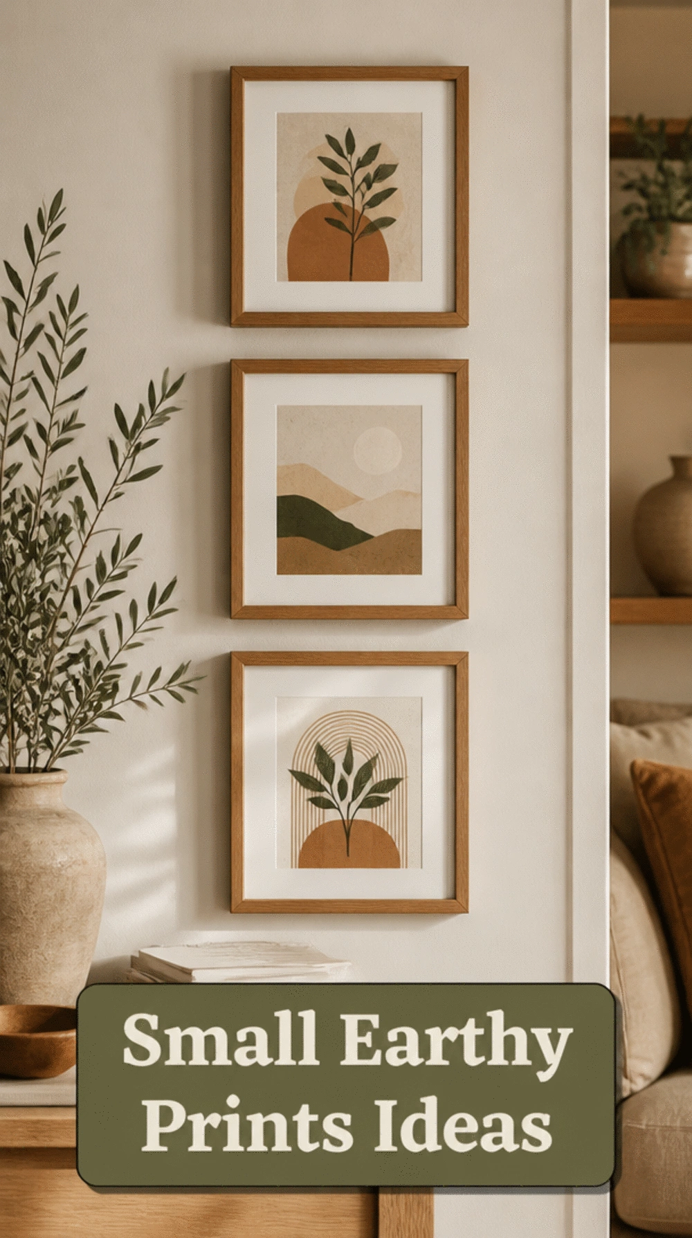 Living Room Set of Three Small Earthy Prints in Matching Warm Wood Frames