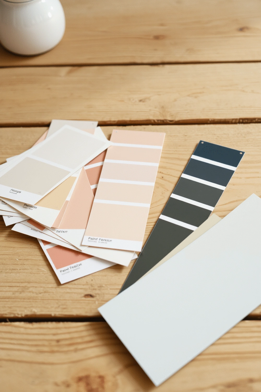 Paint swatches and color palette samples on a clean wooden table, ready for home decor planning