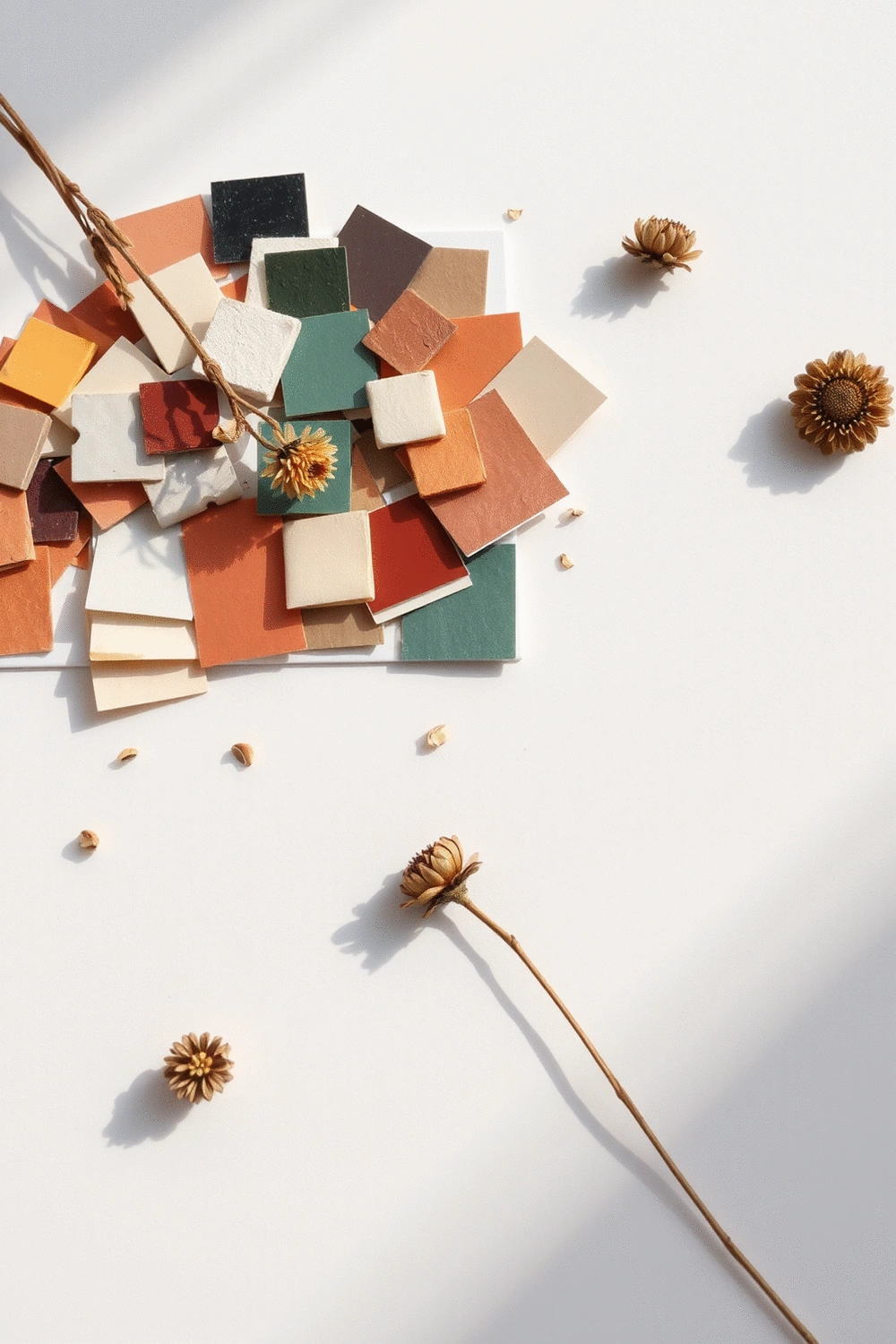 A collection of small, artistic color swatches and paint samples, arranged meticulously on a clean, white design board, with a few small, dried flowers as decorative elements.