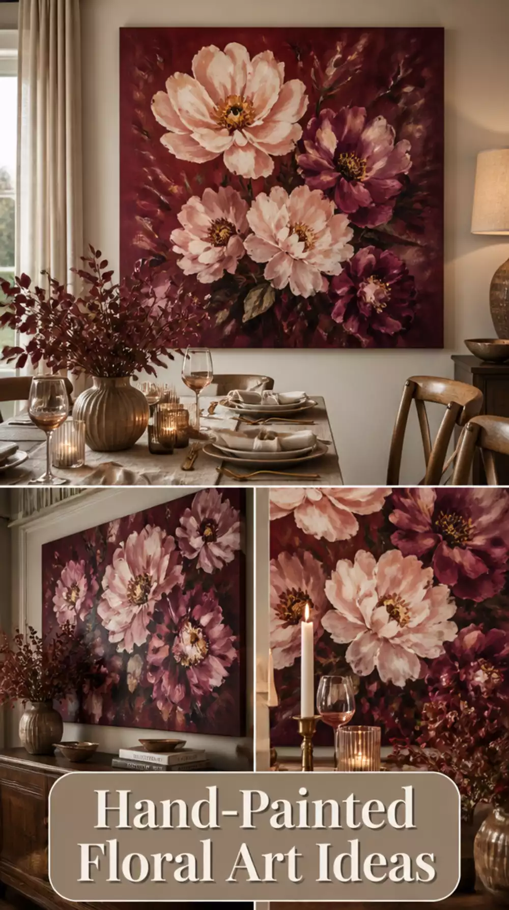 Dining Room Large Hand-Painted Floral Canvas in Rich Warm Burgundy
