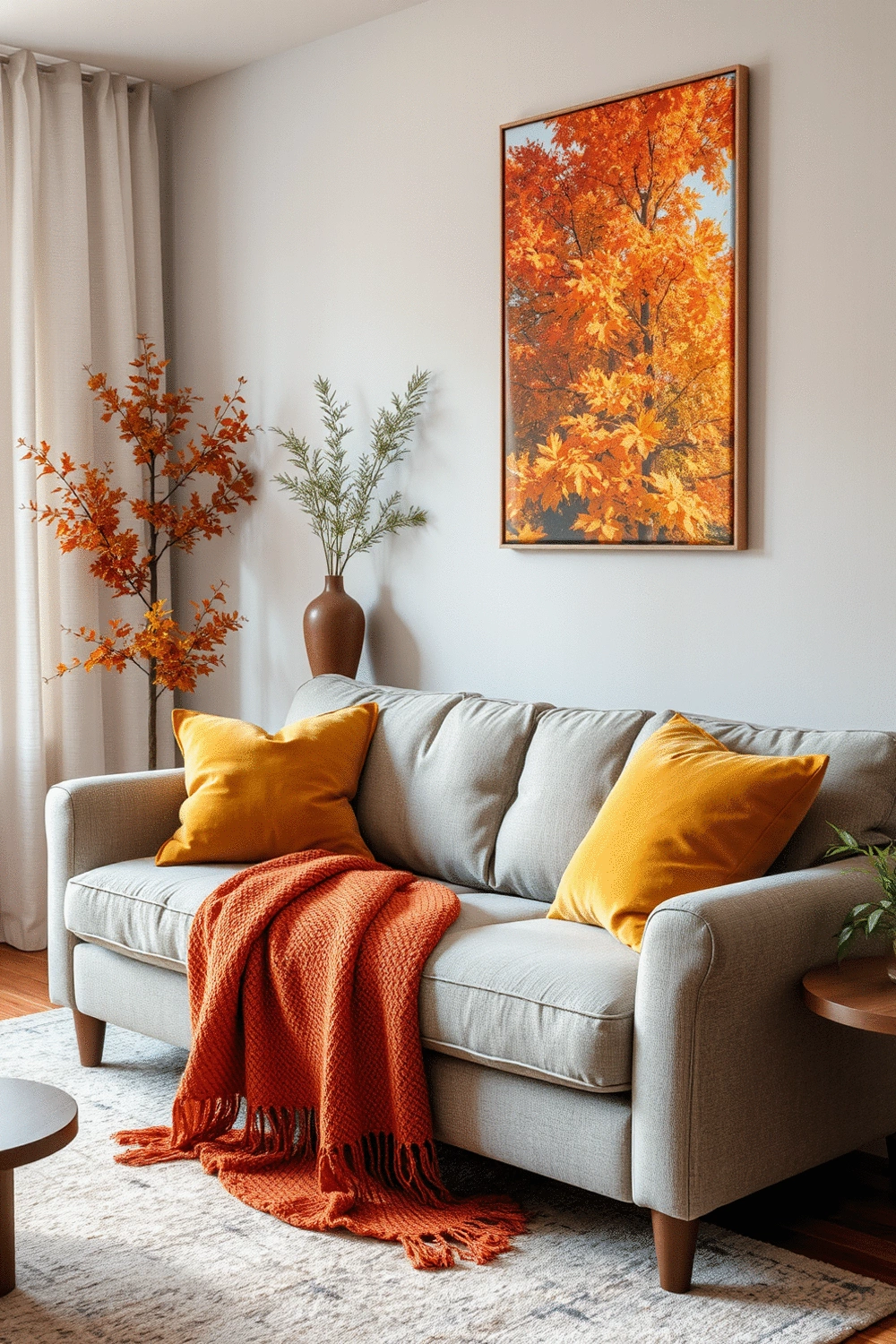 Living room with interchangeable seasonal accents: a cozy rust-colored throw blanket and mustard yellow decorative pillows on a sofa, with a subtle autumn-themed art print on the wall.