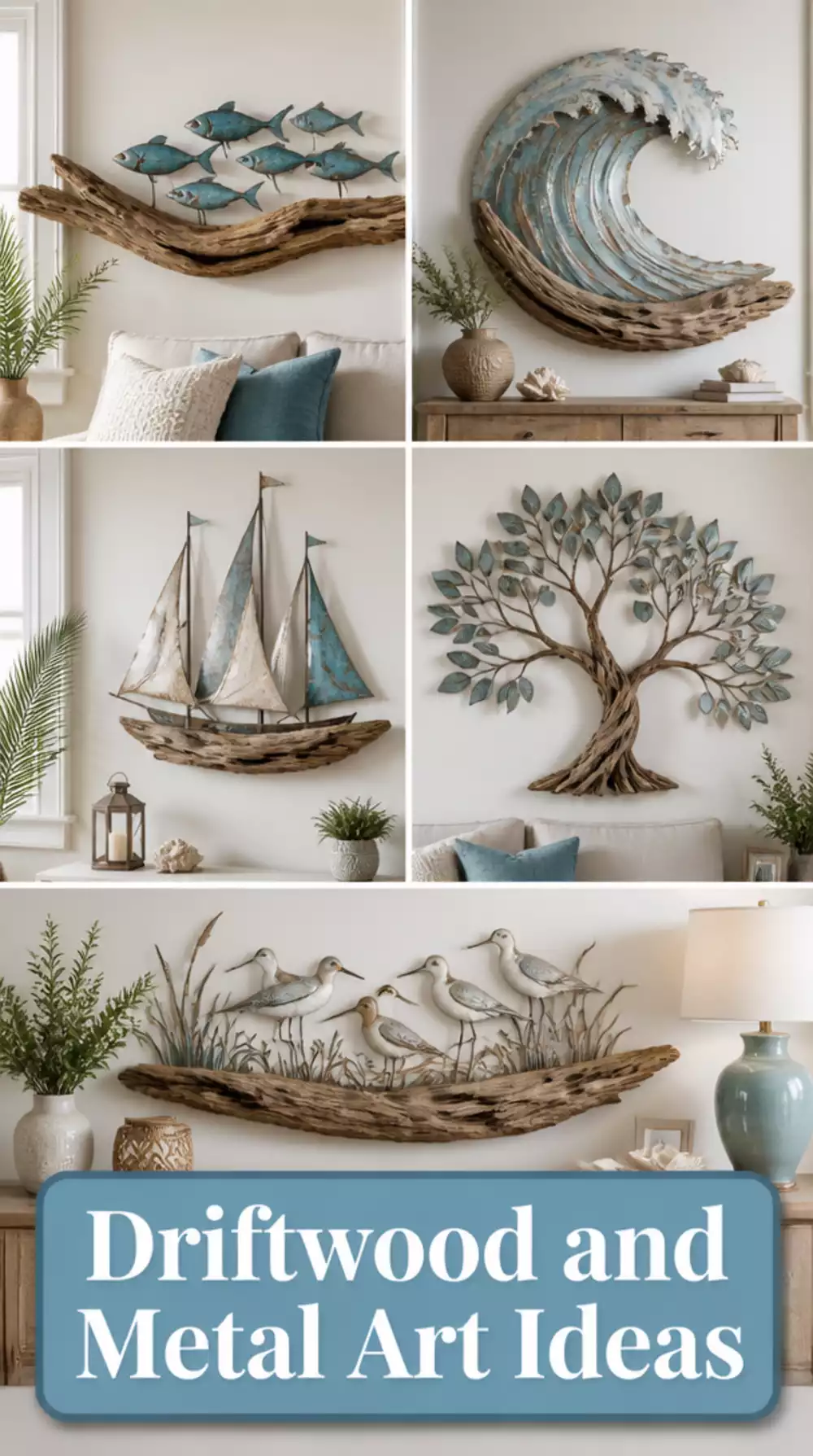Driftwood and Metal Wall Sculpture in a Coastal Organic Arrangement