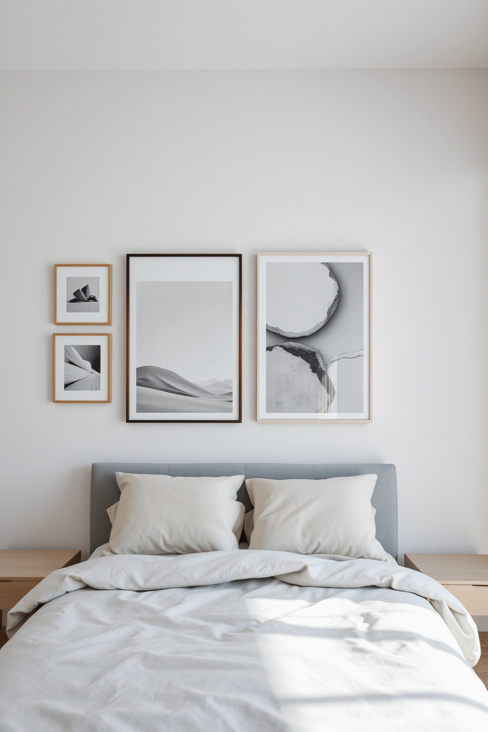 A minimalist bedroom with a gallery wall featuring abstract art in cool, calming tones. The room includes a neatly made bed with neutral bedding and soft lighting. Focus on the art arrangement and the overall serene atmosphere.