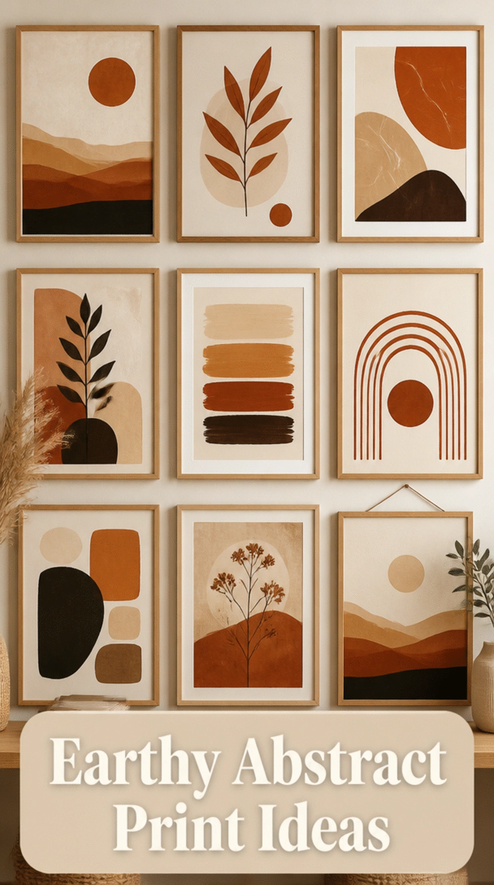 Bedroom Earthy Abstract Print in Warm Rust and Cream Behind Natural Frames