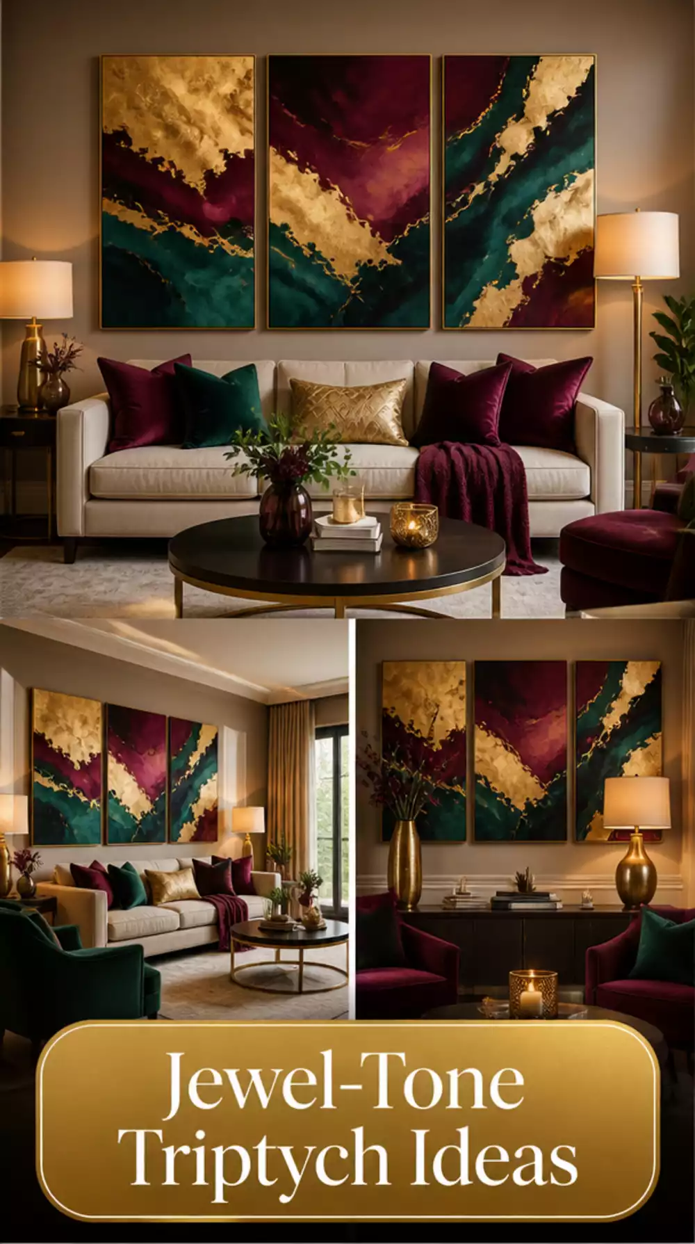 Living Room Bold Abstract Triptych in Warm Jewel-Tone Palette