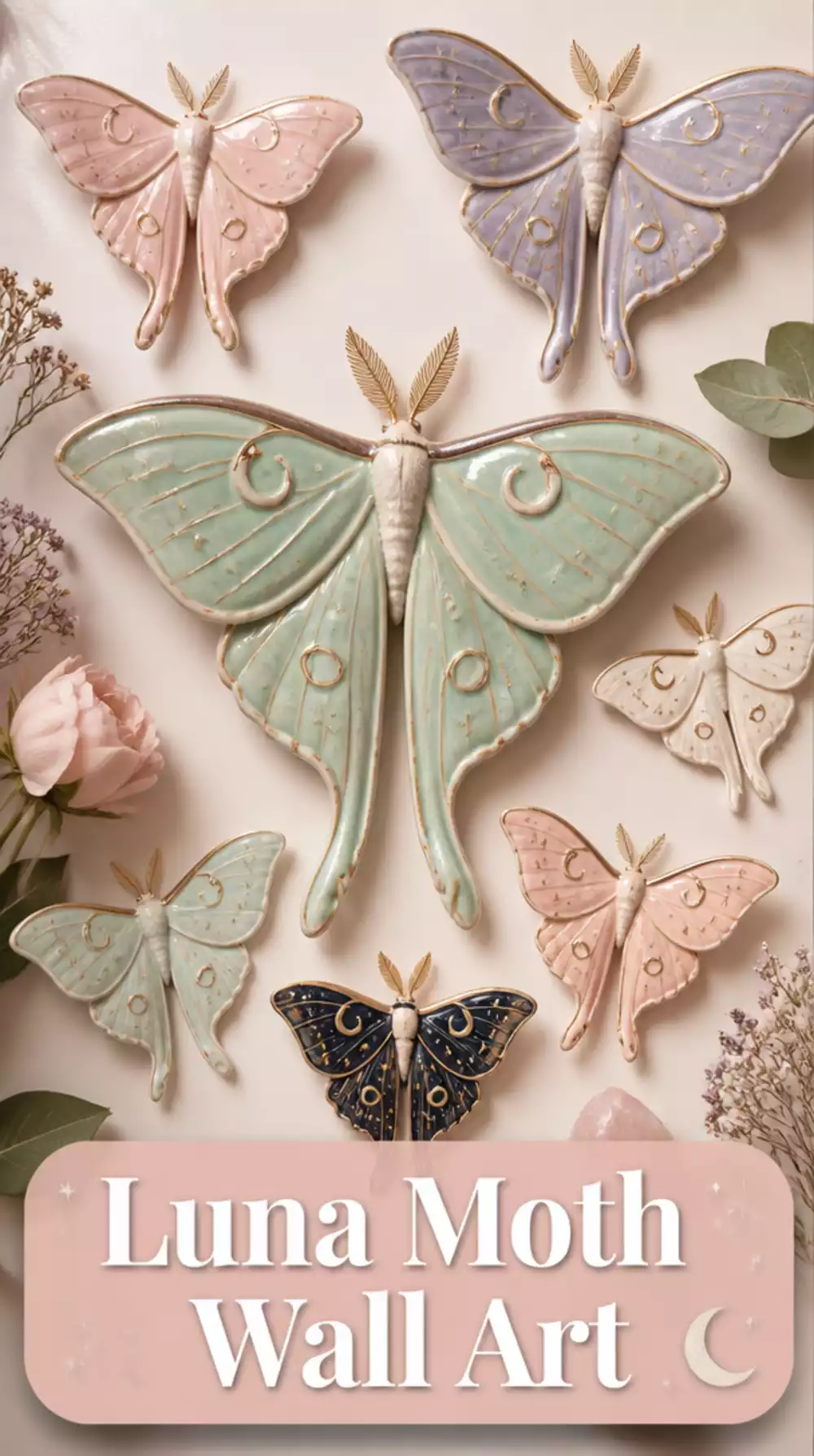 Sculptural Luna Moth Ceramic Wall Charm for a Bedroom Accent Wall