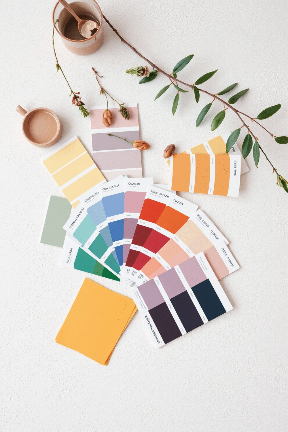 A collection of various paint swatches and color palette cards laid out on a clean surface, demonstrating color identification and palette creation.