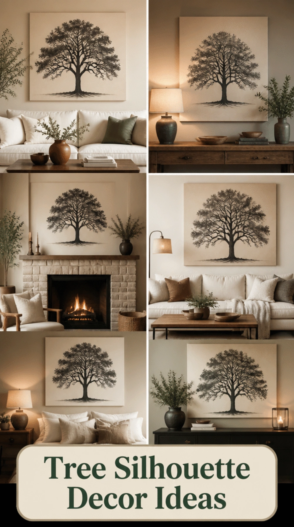 Living Room Tree Silhouette Canvas Print in Charcoal on Cream Canvas