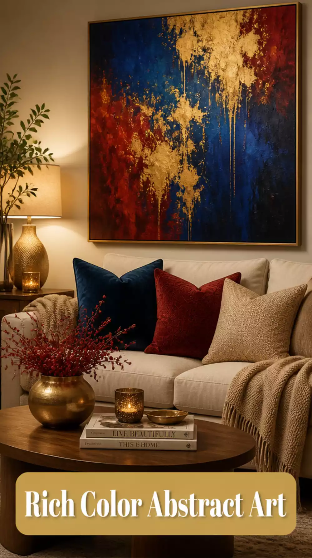 Hand-Painted Abstract Canvas in Rich Cobalt- Gold- and Deep Red