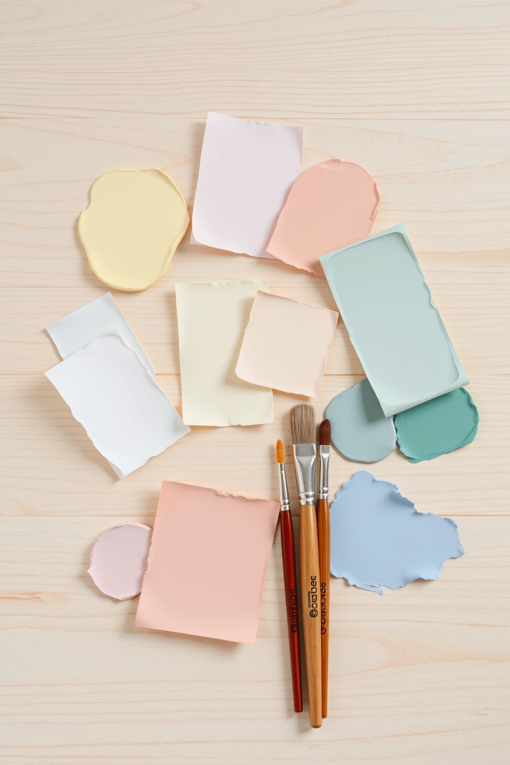 Stylized flat lay of various pastel-colored paint swatches and small paint brushes arranged neatly on a light wooden surface, with soft, diffused lighting.