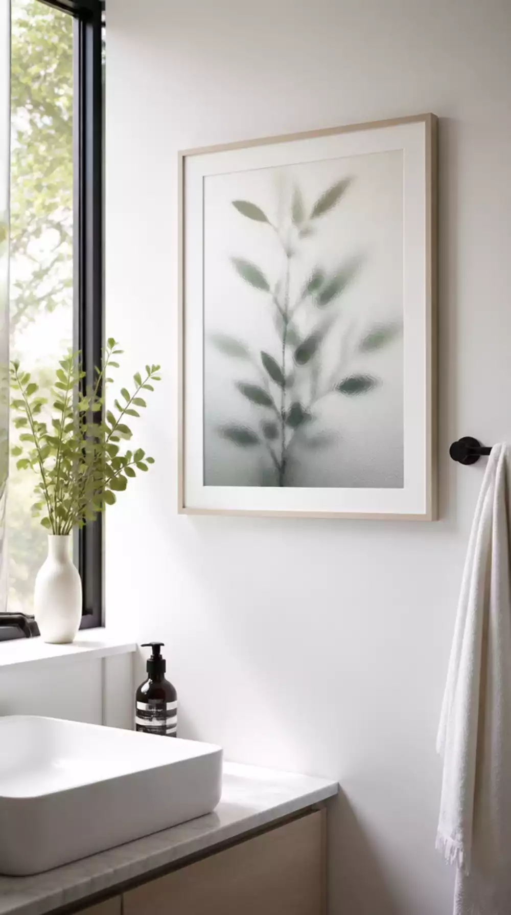 Frosted Glass Framed Art Print That Suits a White Minimal Bathroom