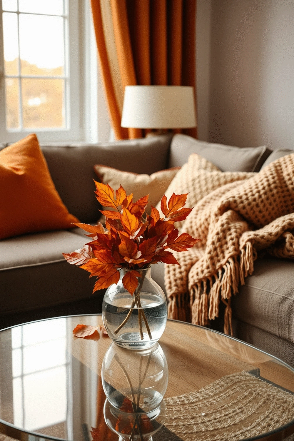 Autumn-inspired home decor with deep oranges, browns, and textured elements