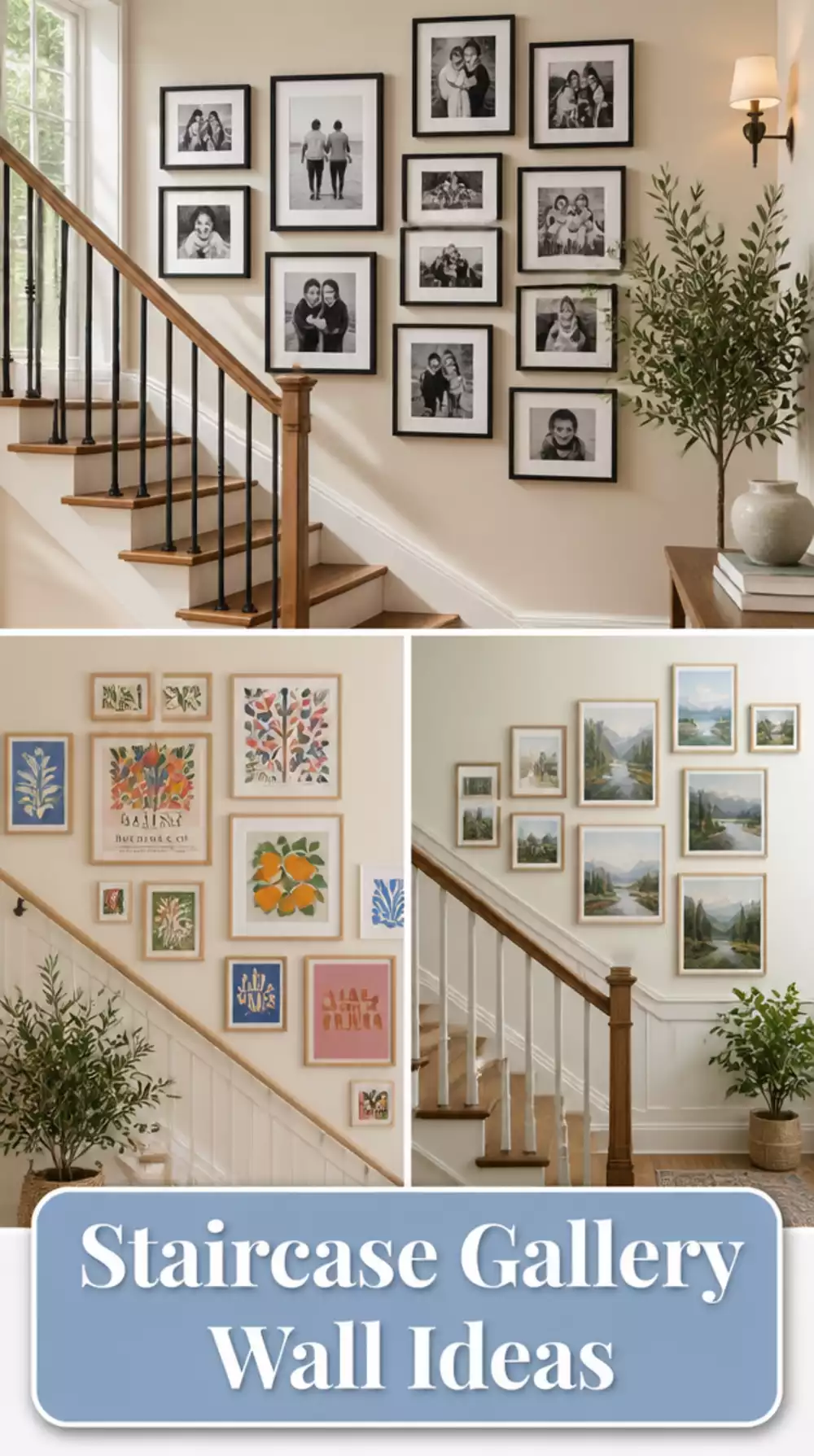 Staircase Gallery Wall Using Mixed Frame Sizes Up the Banister Wall