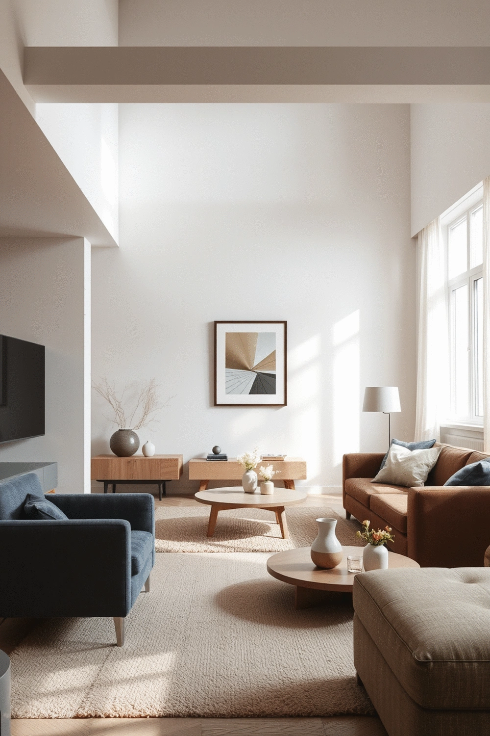 Modern living room interior with soft, natural light, showcasing harmonious color transitions between spaces with subtle decorative elements.