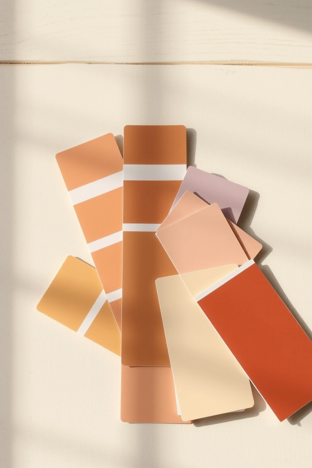 Paint color swatches in warm, earthy tones arranged artfully on a light wooden surface