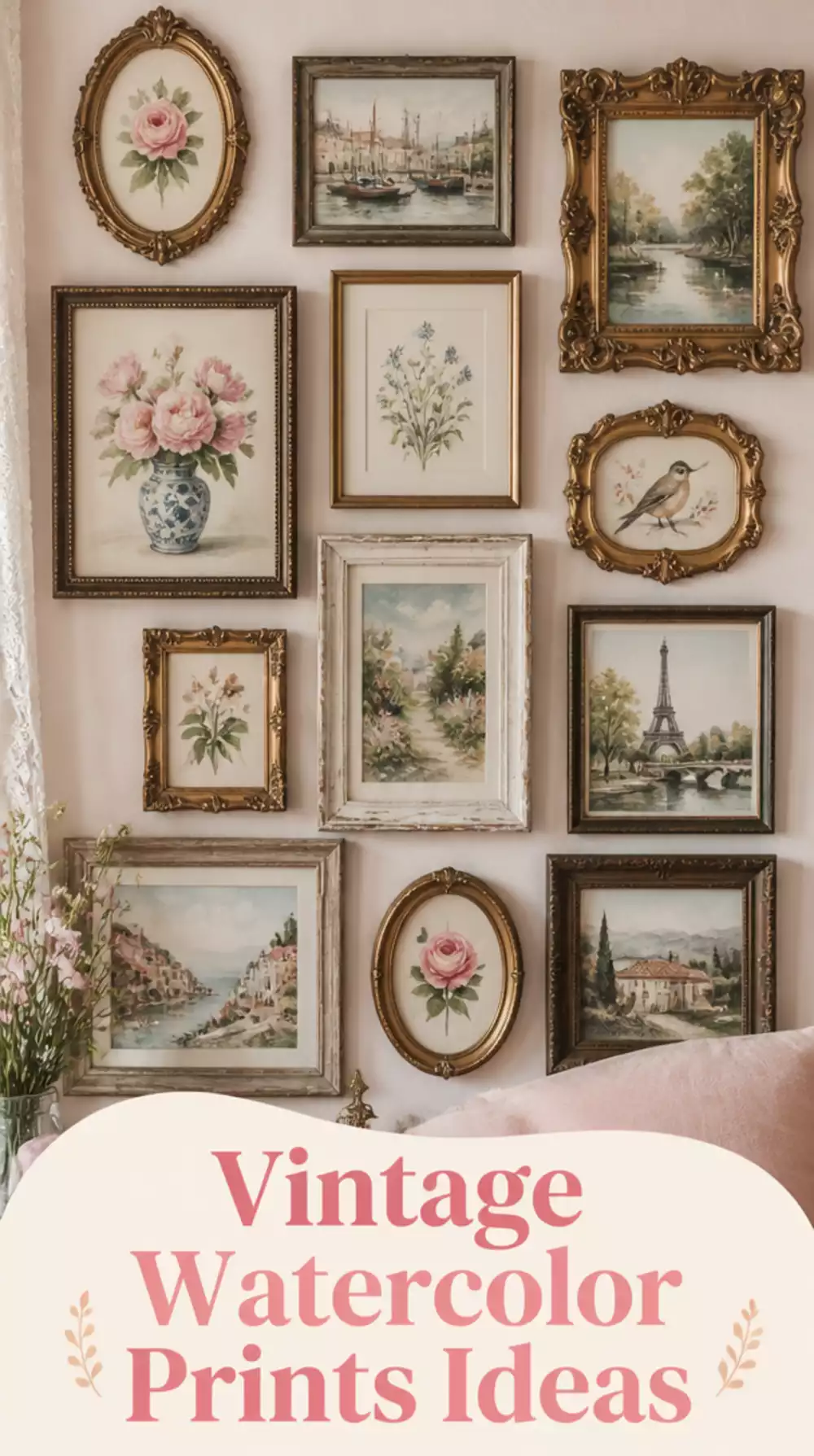 Set of Small Vintage Watercolor Prints in Mismatched Antique Frames