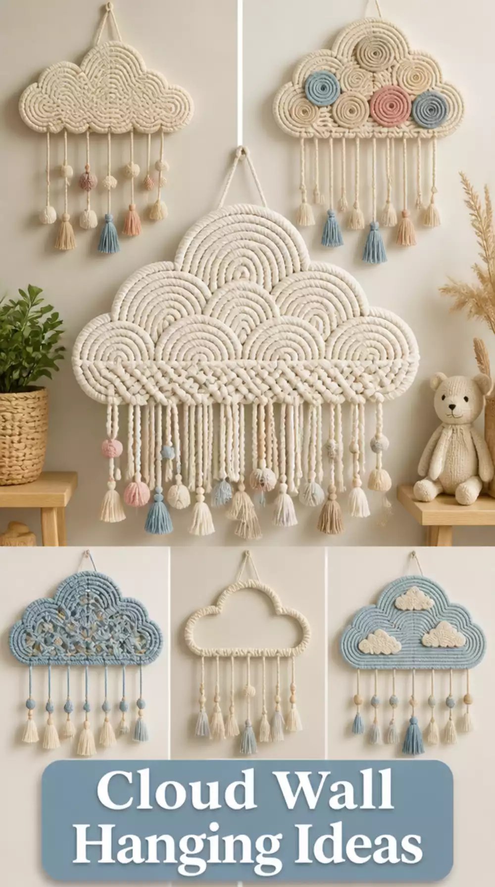 Woven Cotton Nursery Wall Hanging in a Cloud Shape Above the Crib