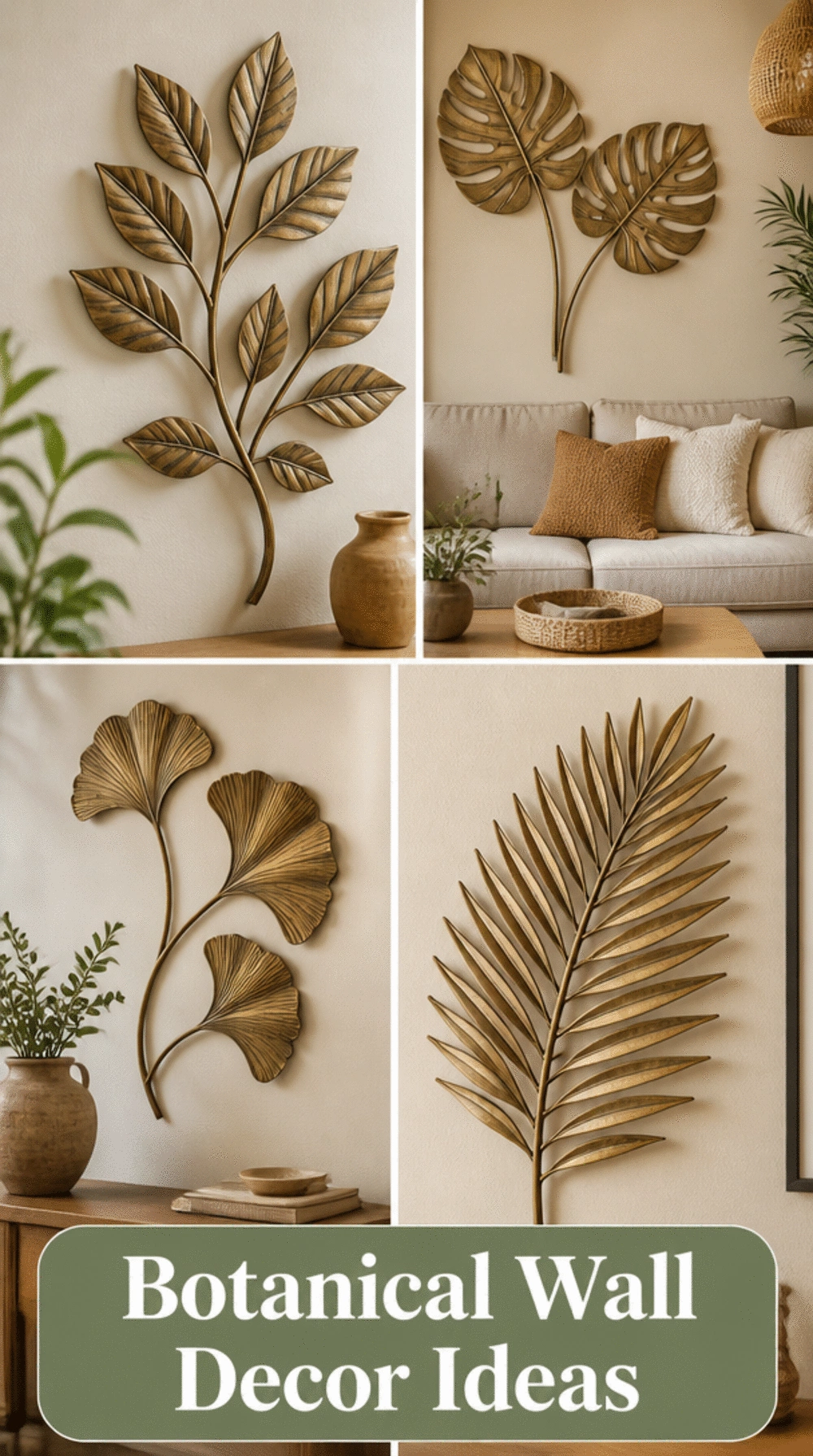 Botanical Metal Leaf Wall Sculpture Set in an Antique Brass Finish