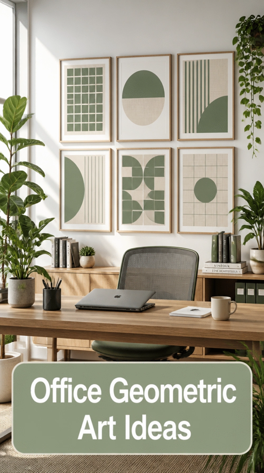 Office Geometric Grid Print in Muted Sage and Natural Linen Tones