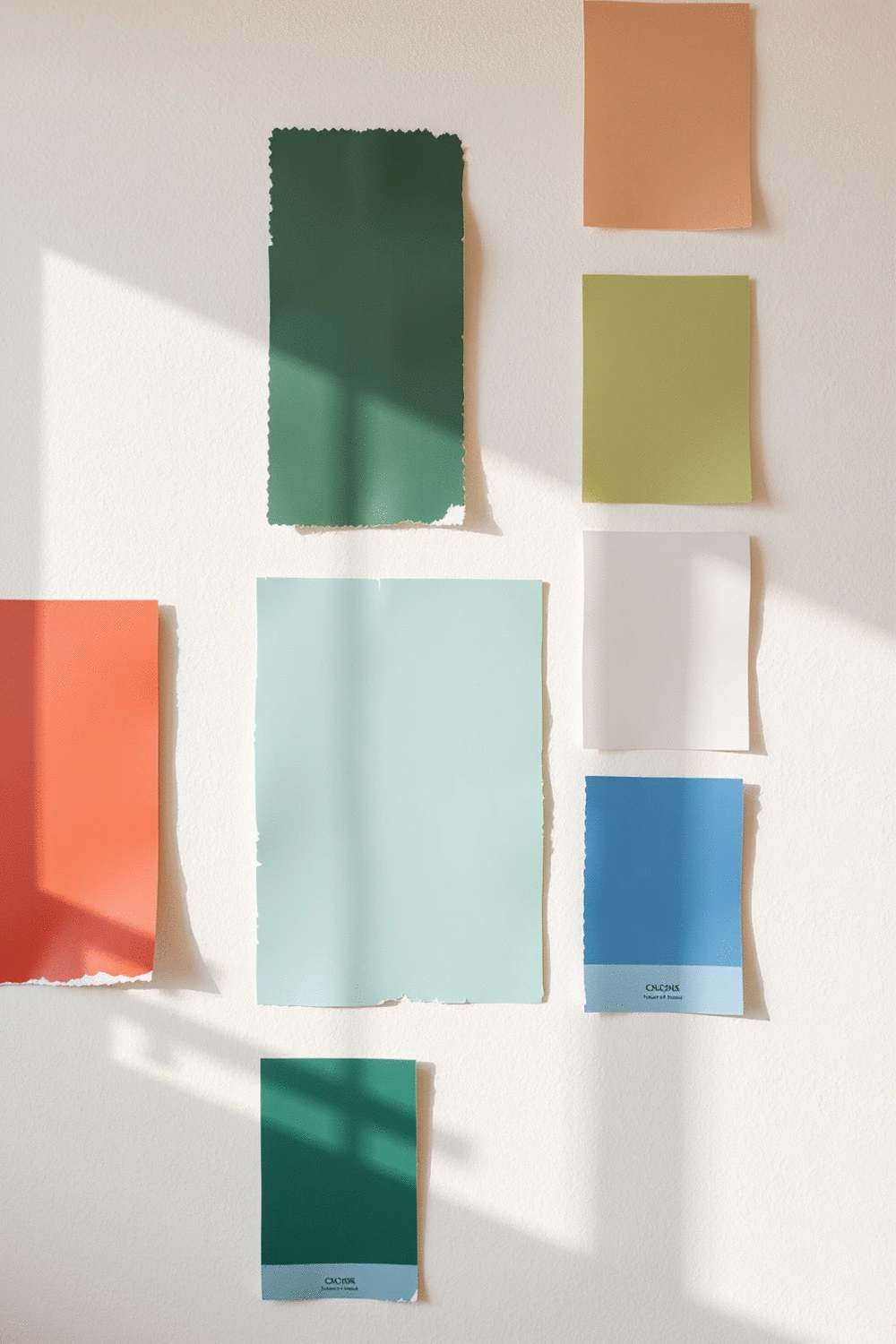 Paint swatches arranged on a neutral wall with various color options, showcasing different hues for interior design.