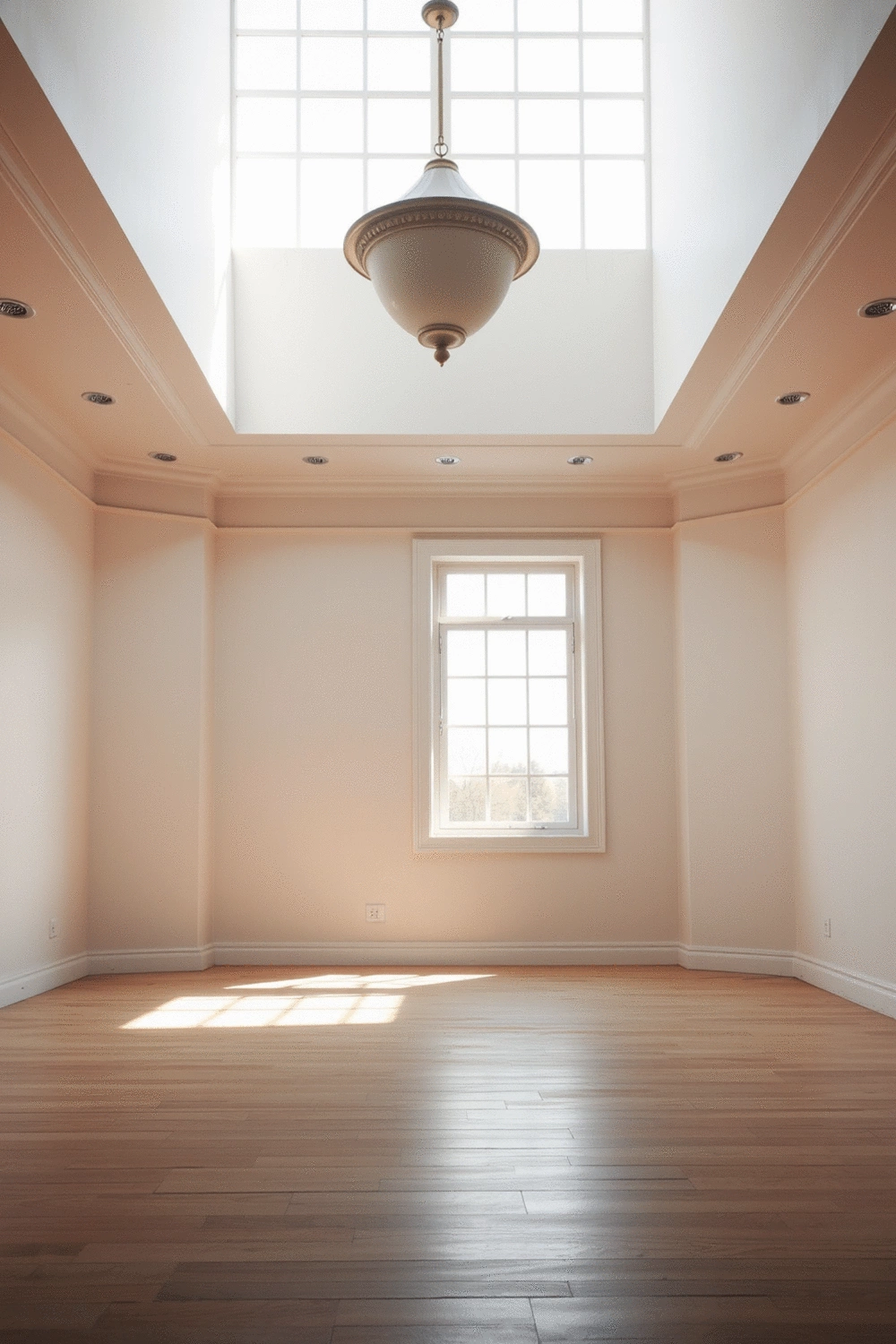 Soft, diffused natural light entering an empty, clean room with cool tones, highlighting architectural details