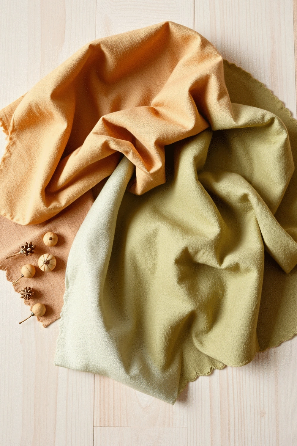 Flat lay of various textured fabric swatches in warm neutral and earthy green tones, arranged with small, decorative wooden elements on a light wooden table.